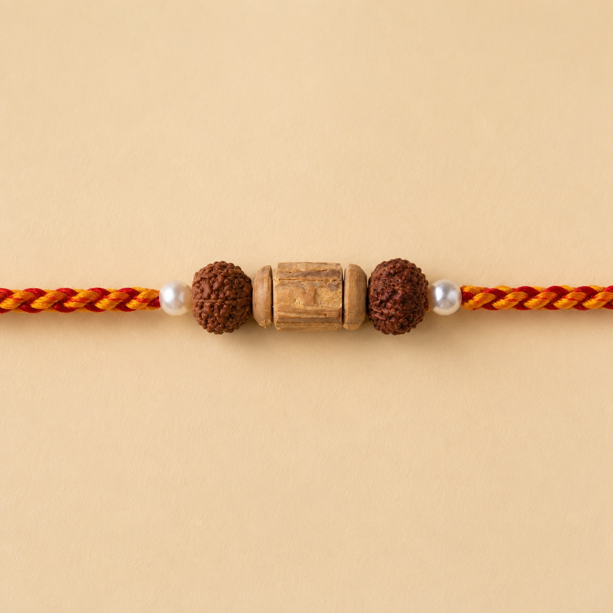 Close-up view of natural Rudraksha bead carved Tulsi beads and pearl accents on Rakhi