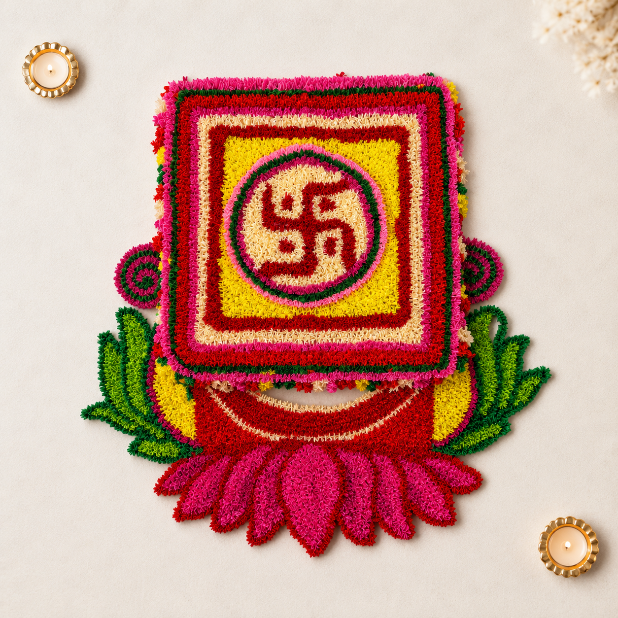 Reusable handcrafted Swastik rangoli mat with 3D faux fleece lotus border