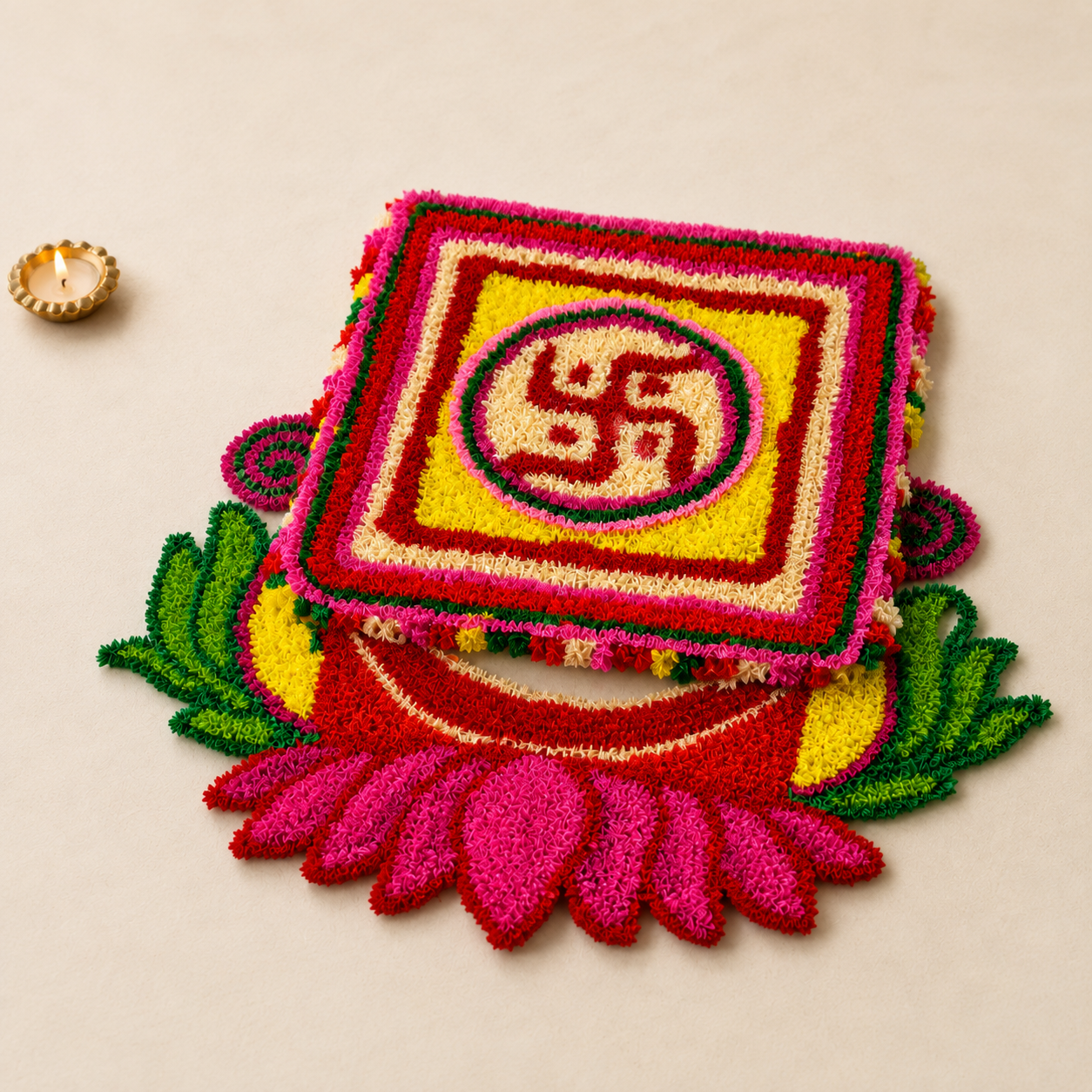 Decorative Swastika Rangoli with pink lotus design for Diwali floor decor