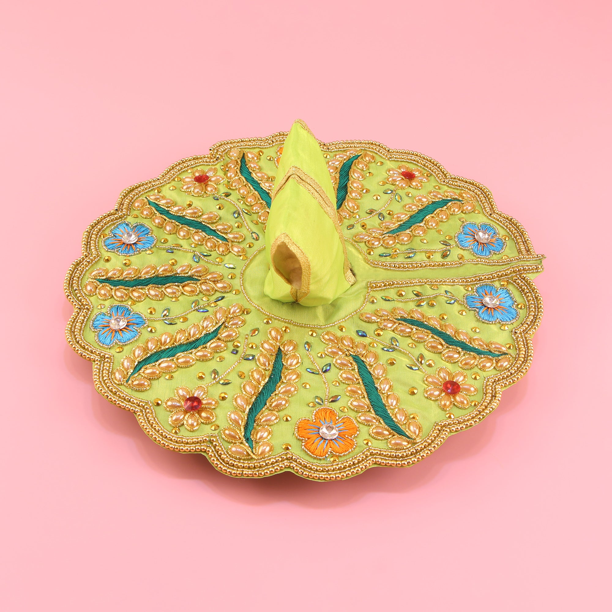 Laddu Gopal Green Dress - Handcrafted, Floral & Peacock Design, Size 6