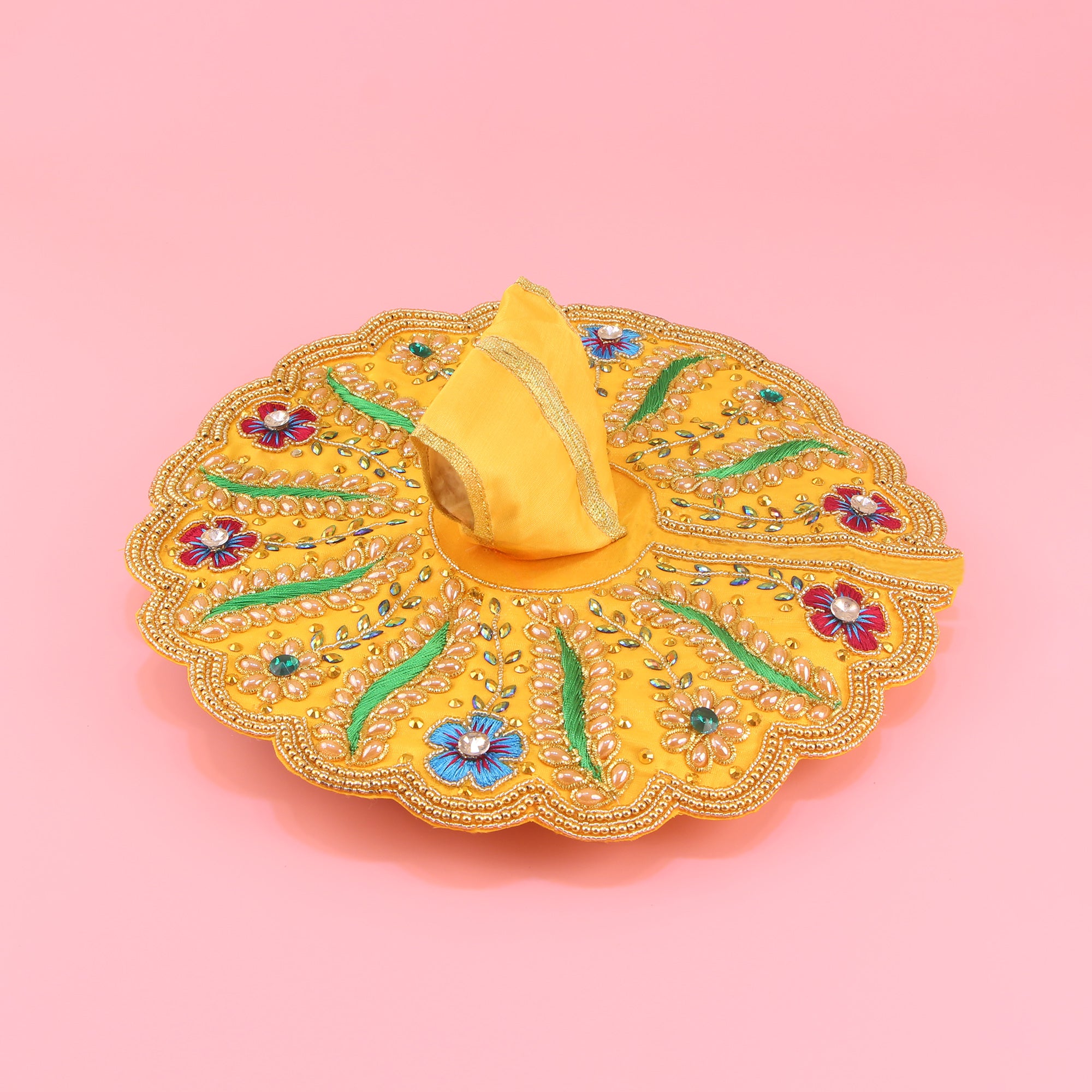 Laddu Gopal Yellow Dress - Handcrafted, Floral and Peacock Design, Size 5