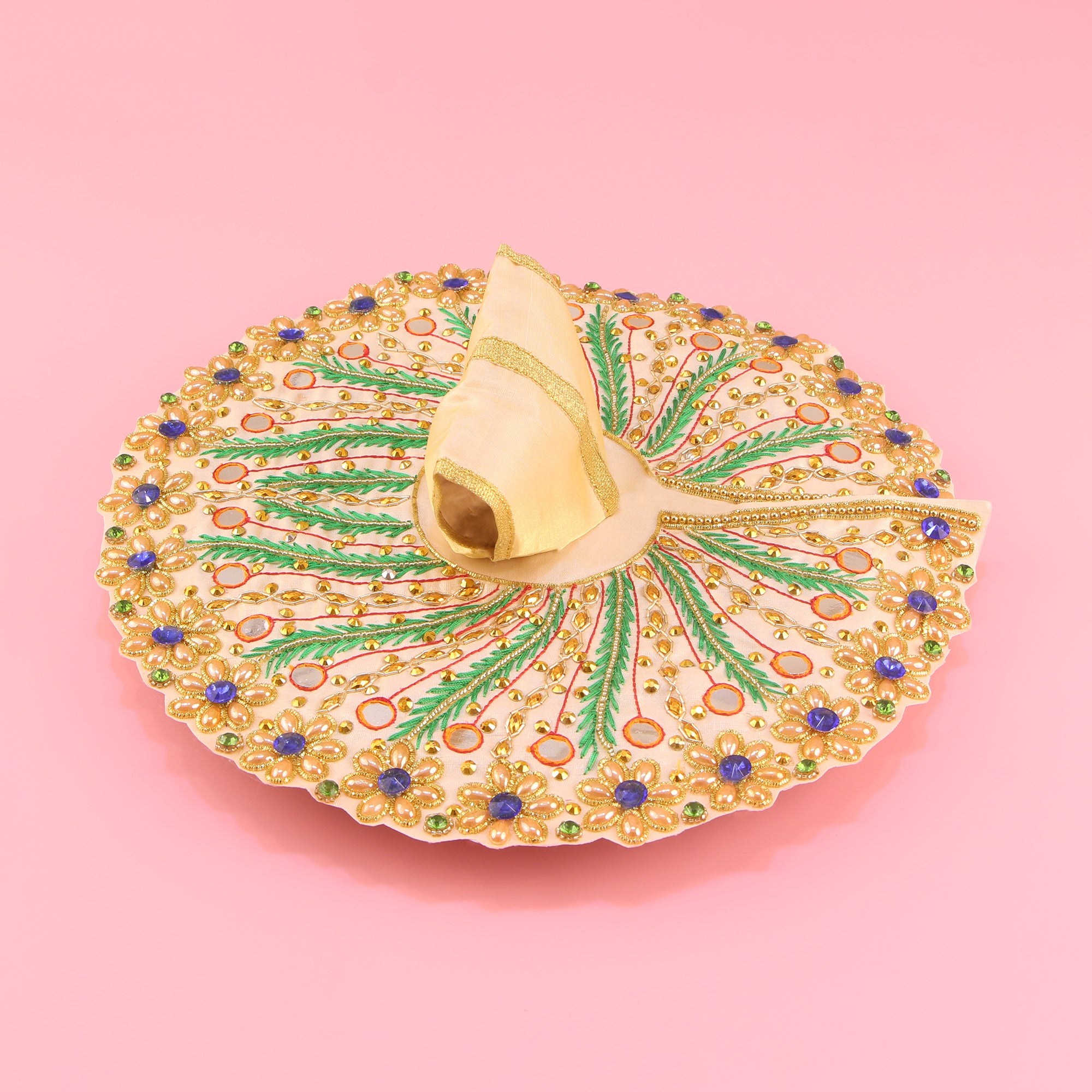 Laddu Gopal Cream Dress - Handcrafted, Peacock Design, Mirror Work
