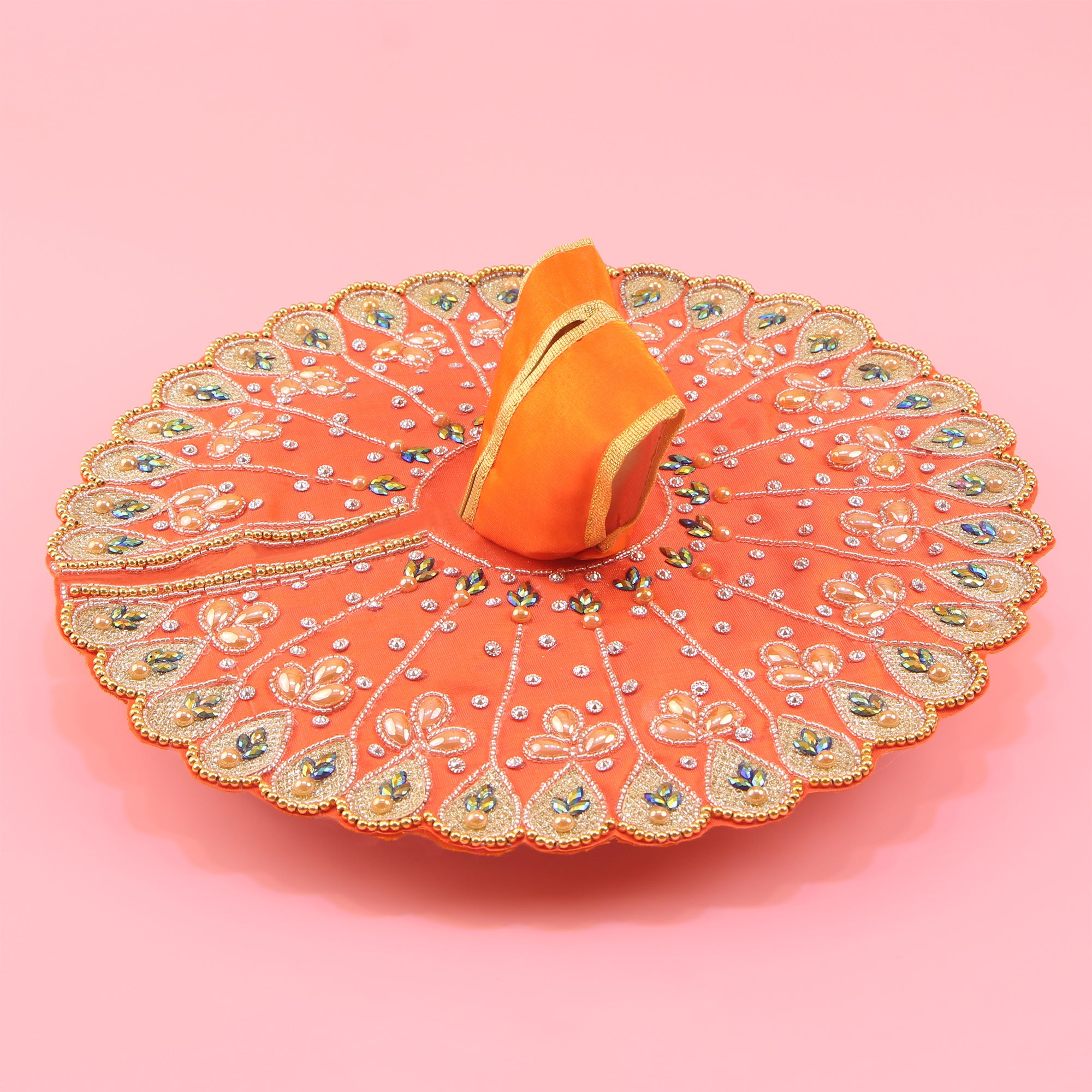 Laddu Gopal Orange Dress - Handcrafted, Peacock Design, Size 6