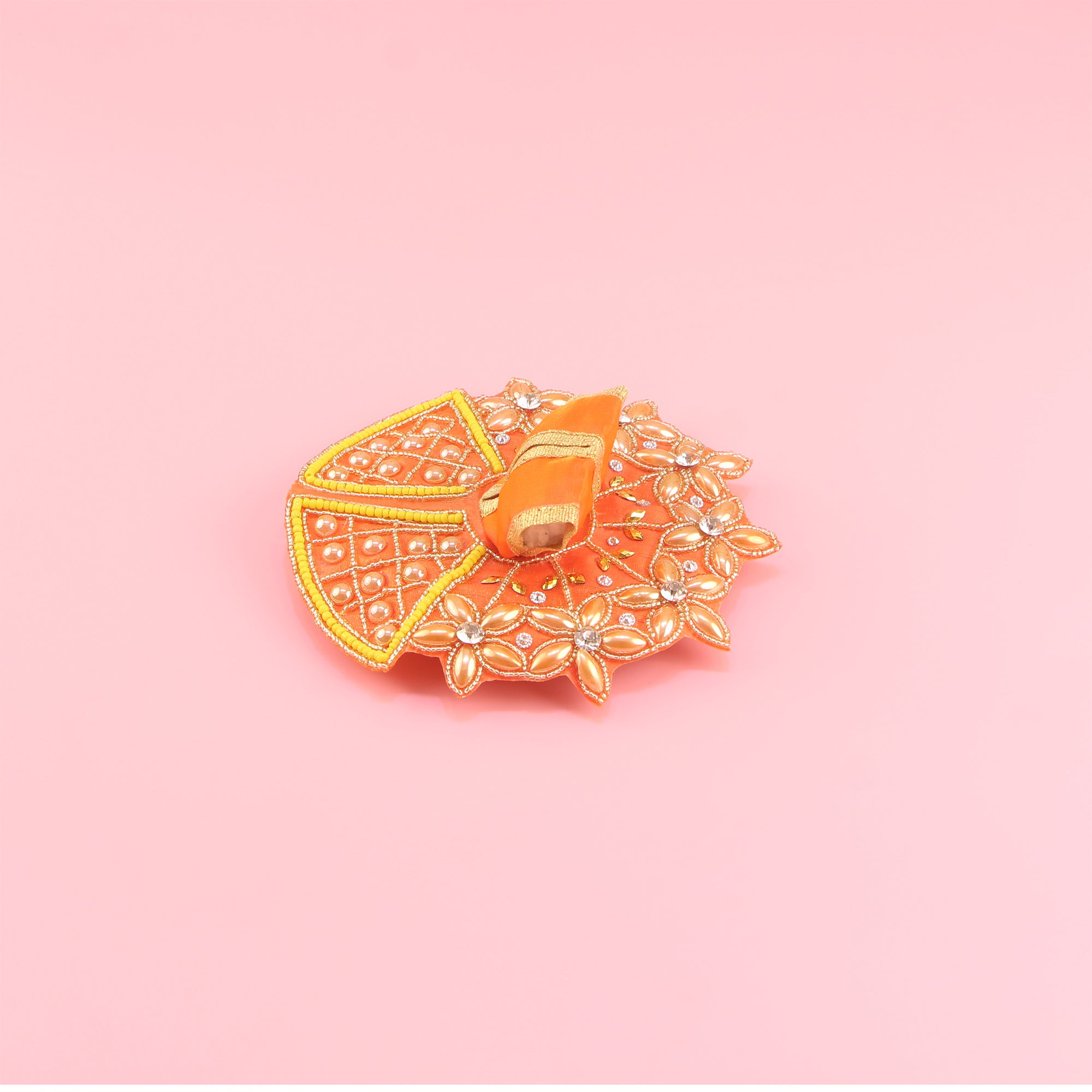 Laddu Gopal Orange Dress - Handcrafted, Golden Floral, Size 2