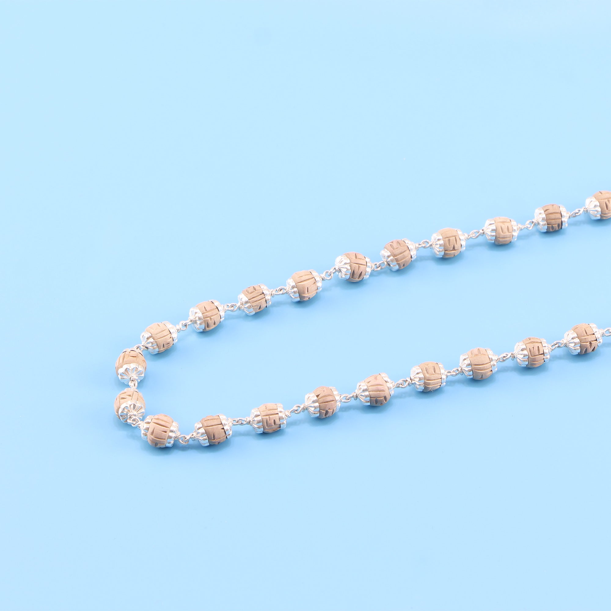 Silver Tulsi Kanthi Mala - Hand Carved Tulsi Beads, Silver Capping