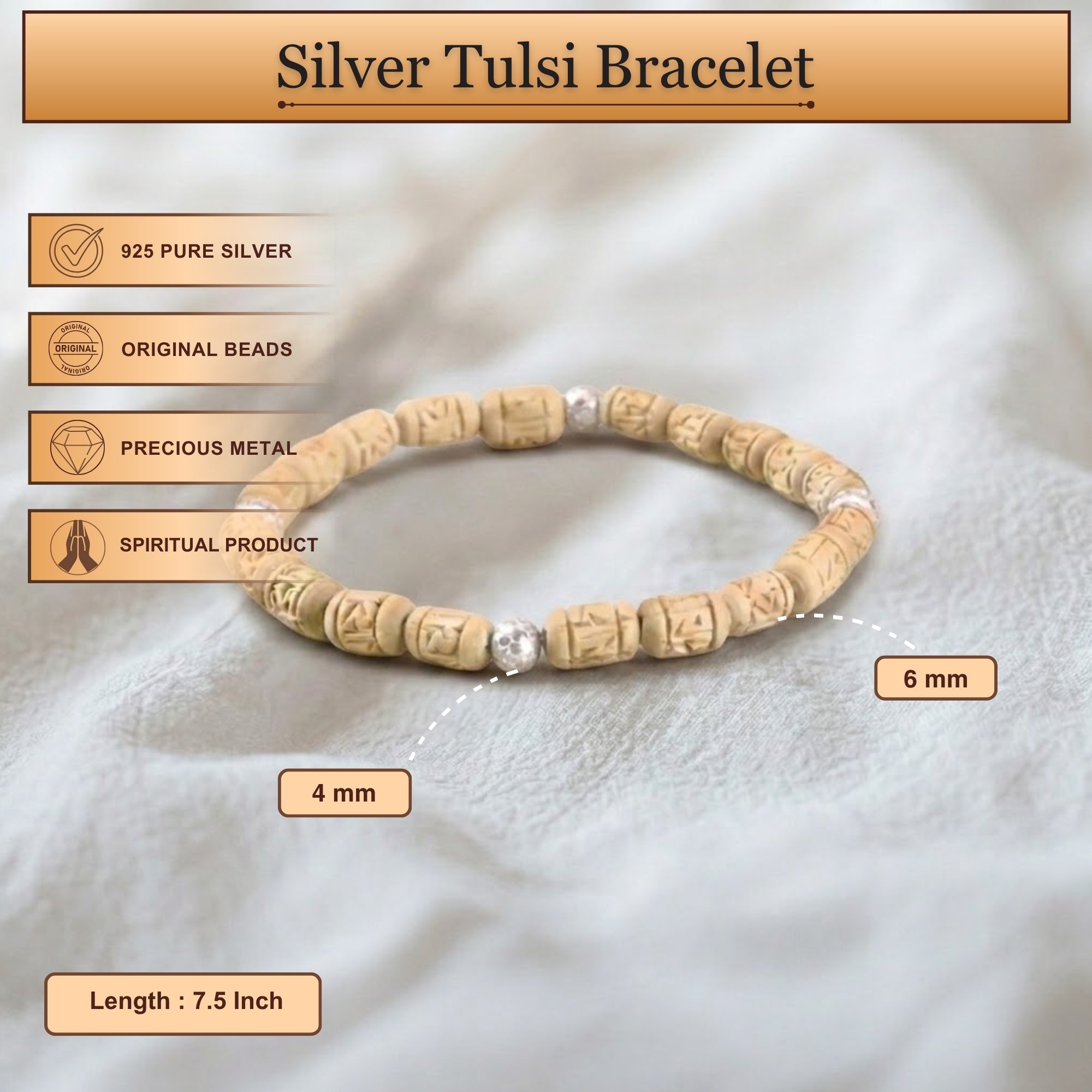 Sterling Silver Tulsi Bracelet - Cylindrical Carved Tulsi & Silver Beads, Mathura