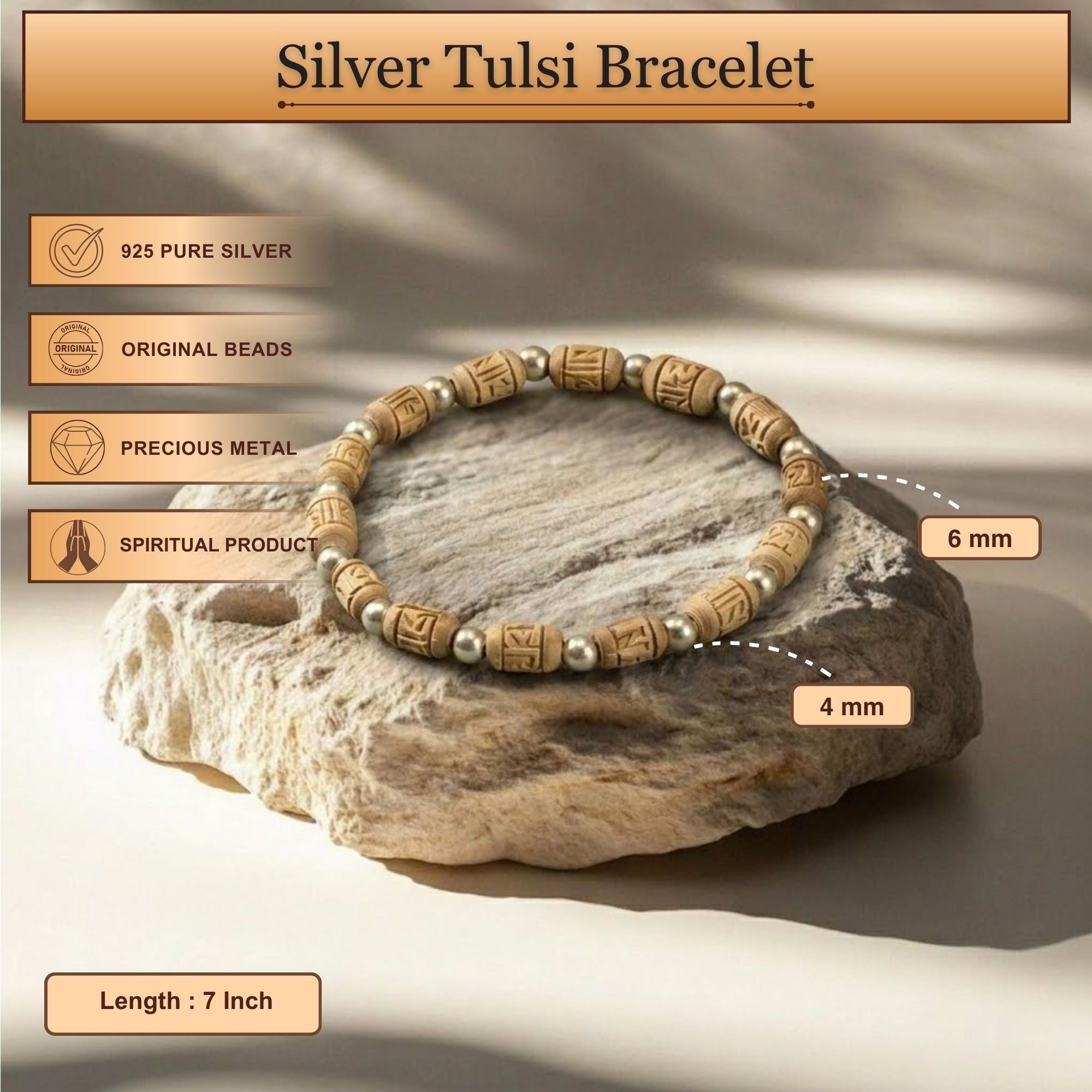 Handcrafted Silver Tulsi Bracelet – Carved Tulsi Beads & Sterling 925 Pure Silver Beads