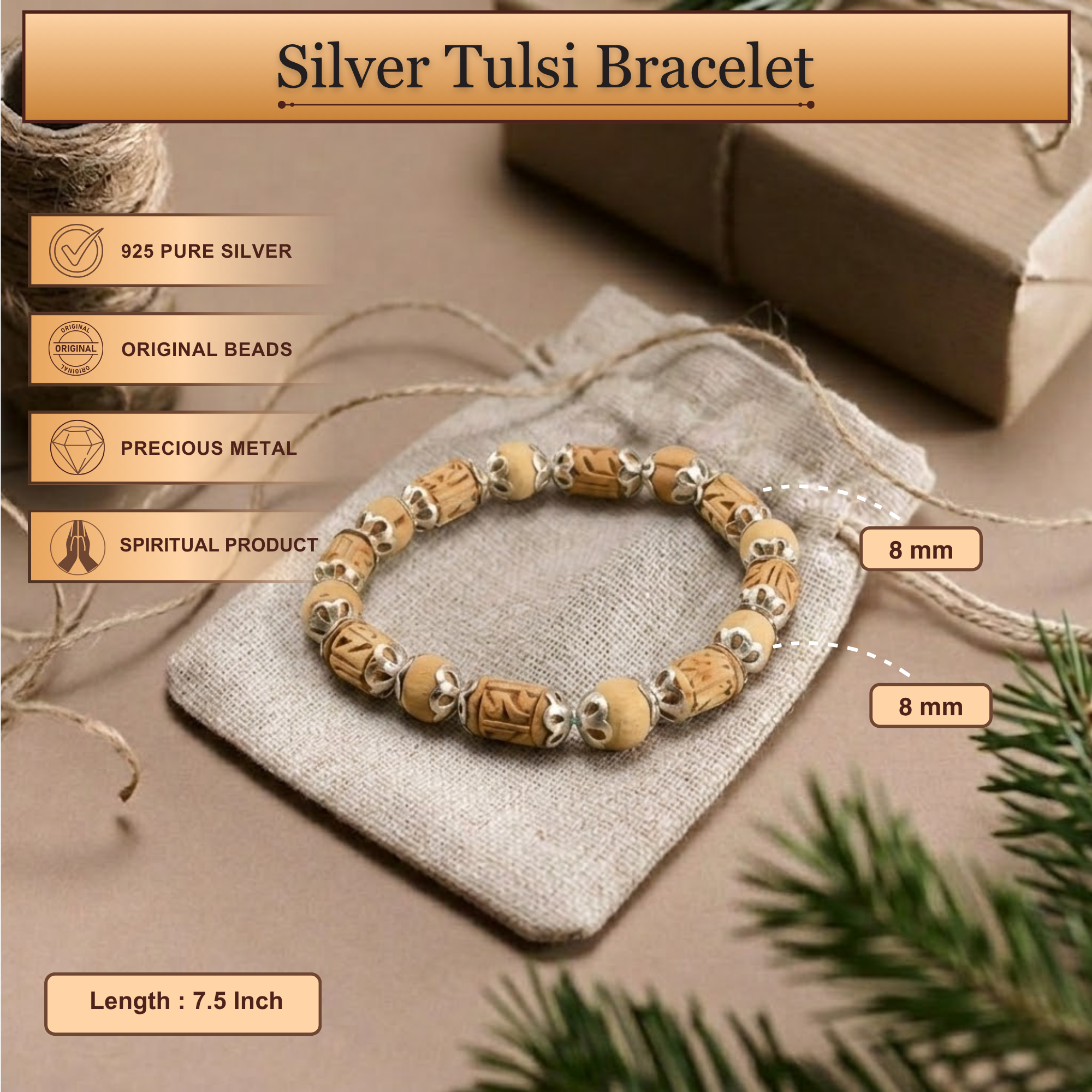 Silver Tulsi Bracelet with 925 Pure Silver Capping - Nature Tulsi Carved & Round Beads