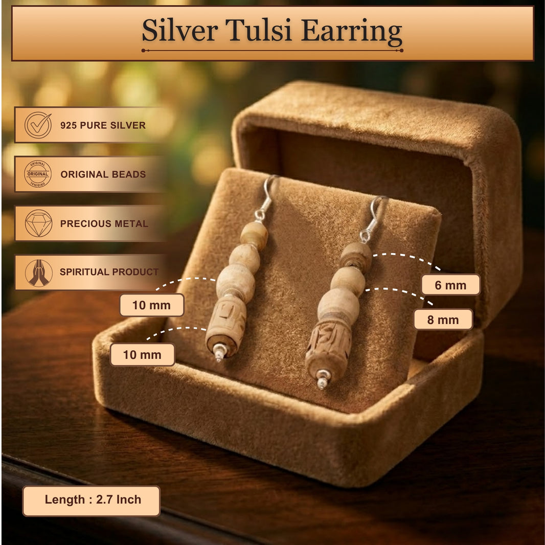 Silver Tulsi Earrings - Cylindrical Carved and Round Tulsi Beads with Silver