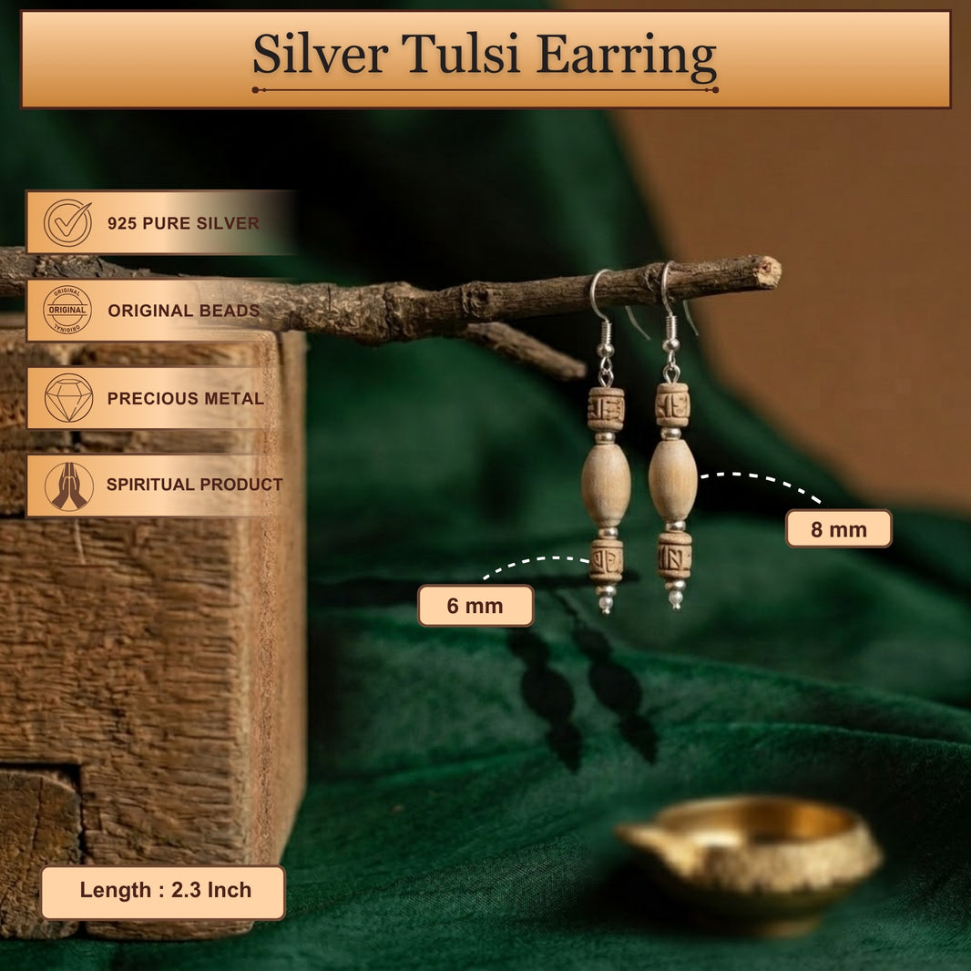 Silver Tulsi Earrings - Cylindrical Carved and Oval Tulsi Beads with Silver