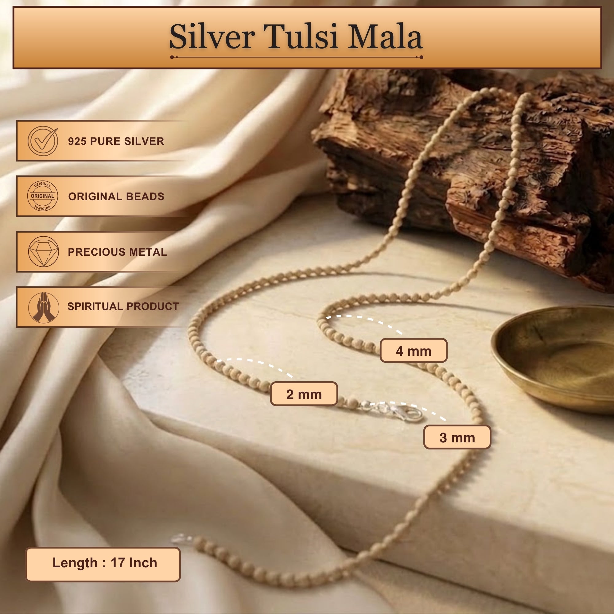 Silver Tulsi Mala - Small Tulsi Beads with Pure Silver, Kanthi Mala