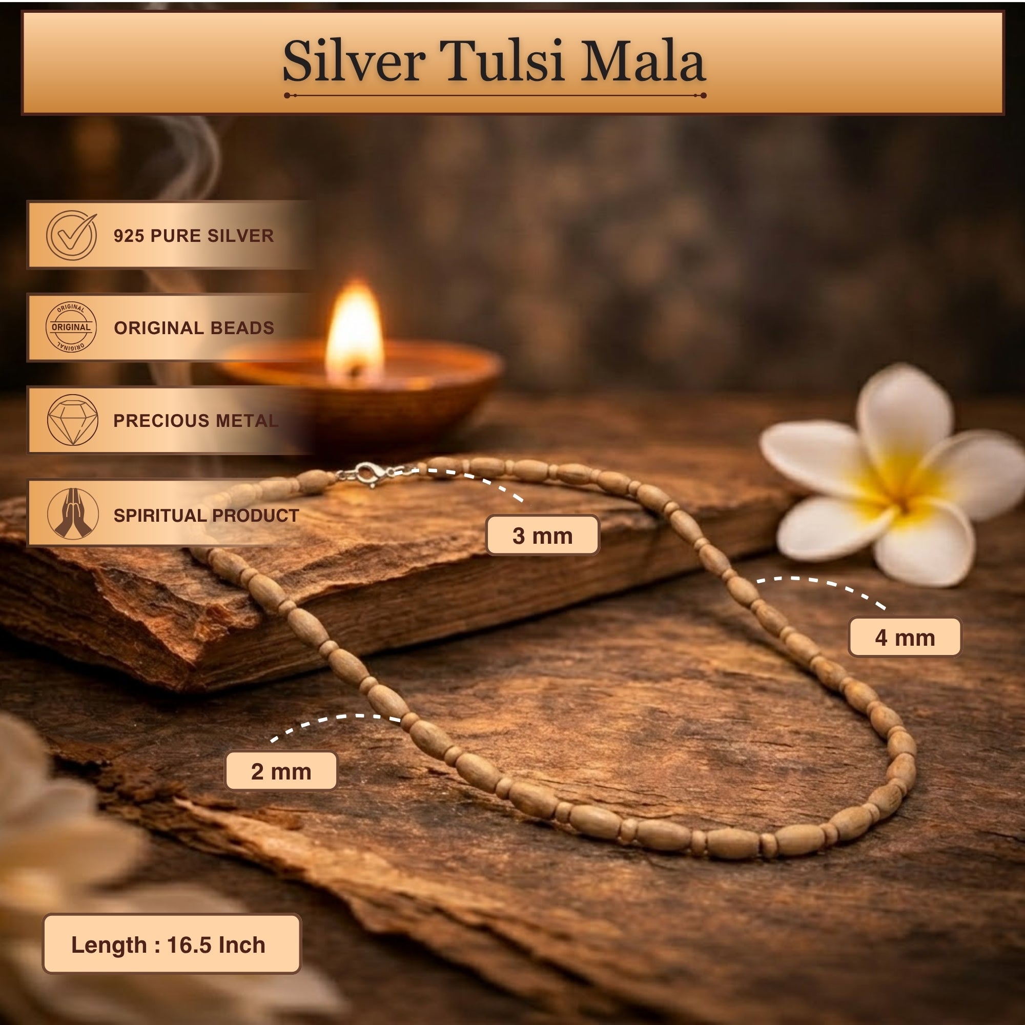 Handmade Silver Tulsi Kanthi Mala - Natural Tulsi Oval Beads, Vrindavan
