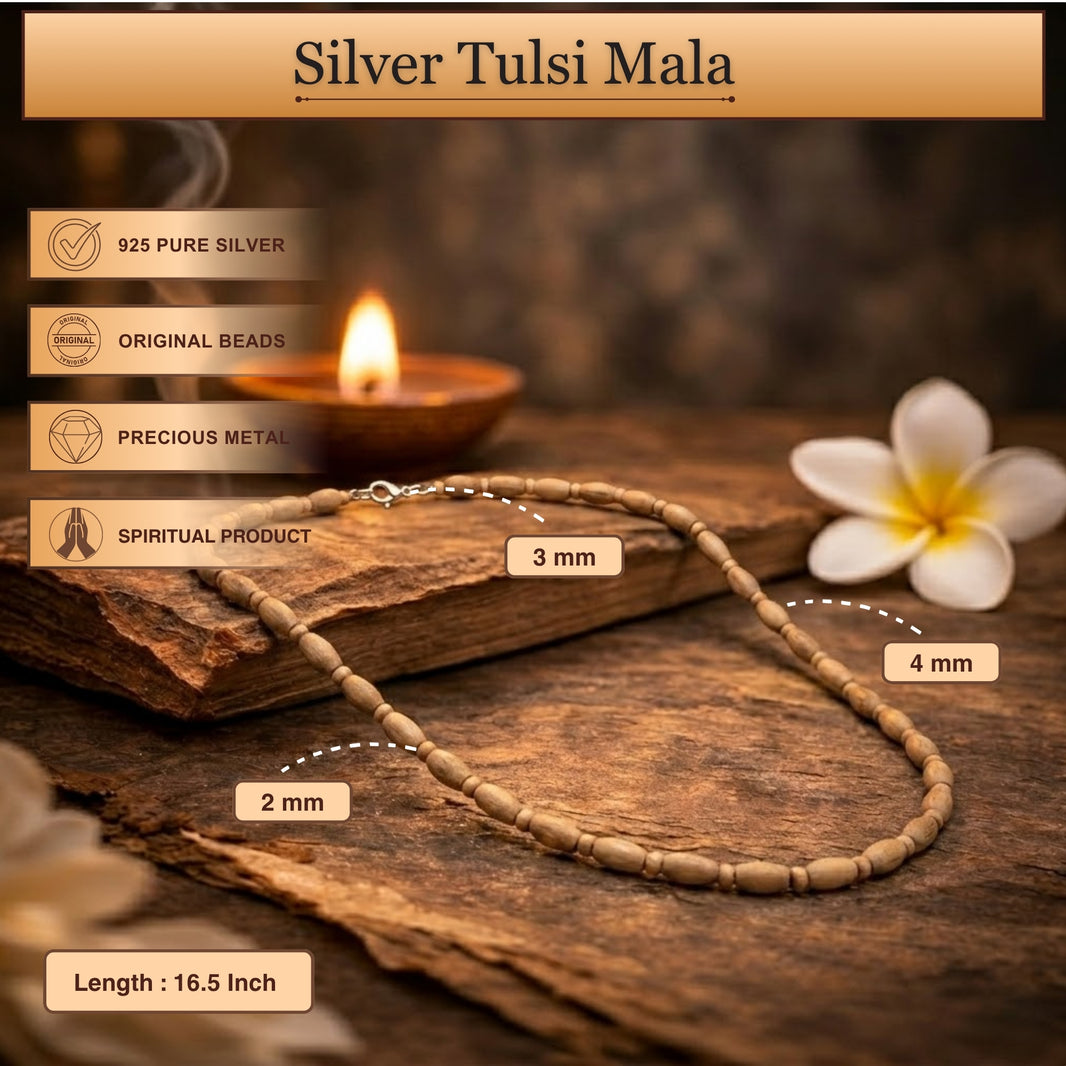Handmade Silver Tulsi Kanthi Mala - Natural Tulsi Oval Beads, Vrindavan