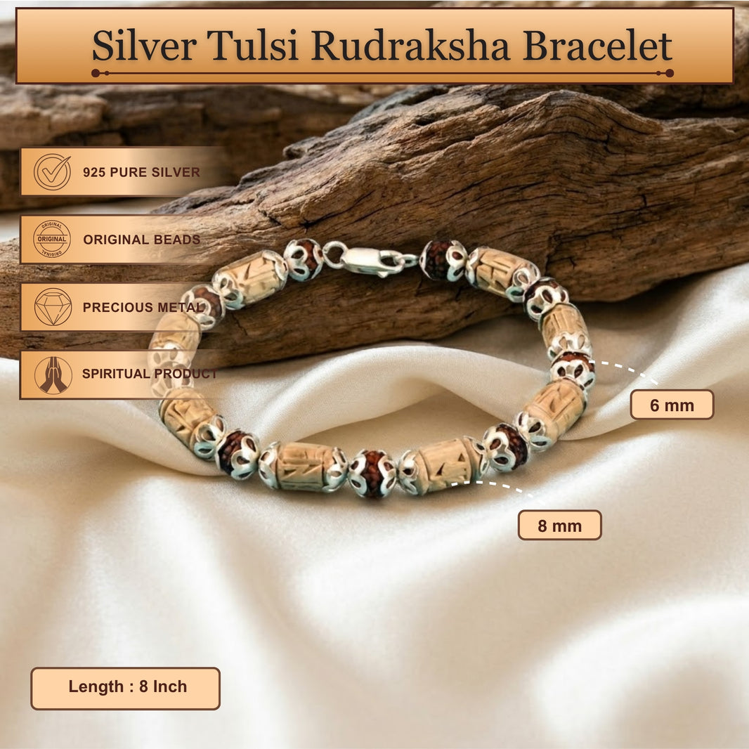 Silver Tulsi Rudraksha Bracelet – Carved Tulsi Beads with 925 Pure Silver Capping