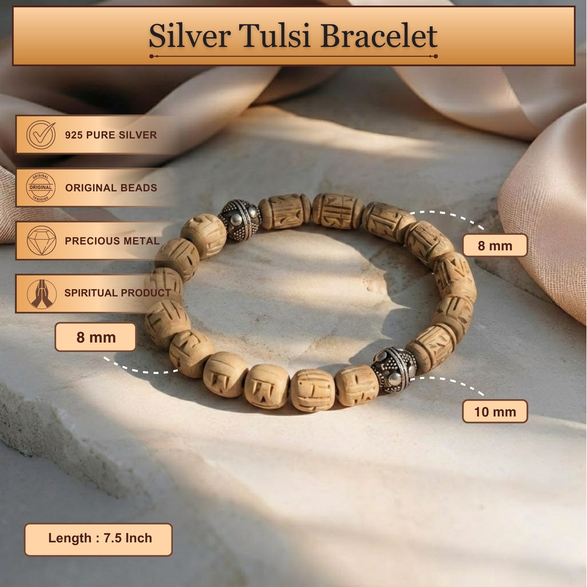 Pure Silver Tulsi Bracelet – Hand-Carved Tulsi & Silver Beads