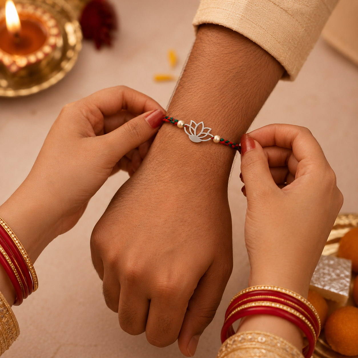 Silver Lotus Rakhi for brother being tied during Raksha Bandhan