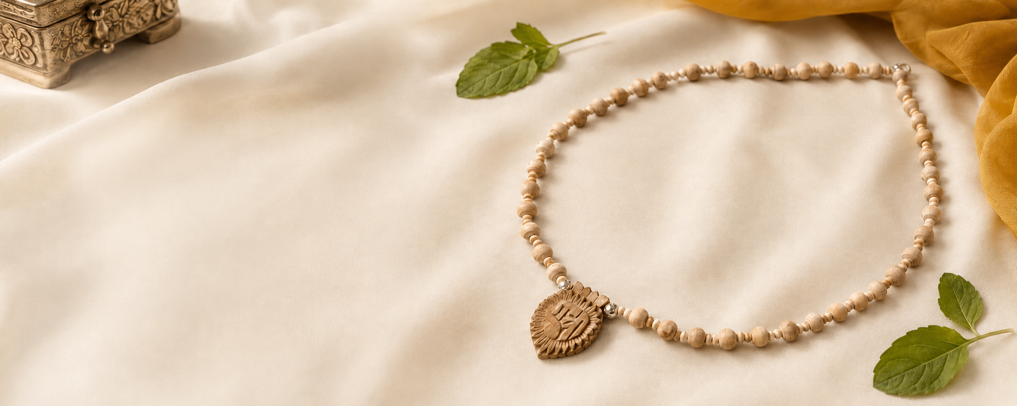Original Vrindavan Tulsi wood carved pendant with pure 925 silver accents and beaded kanthi mala resting on a cream cloth with green holy basil leaves.