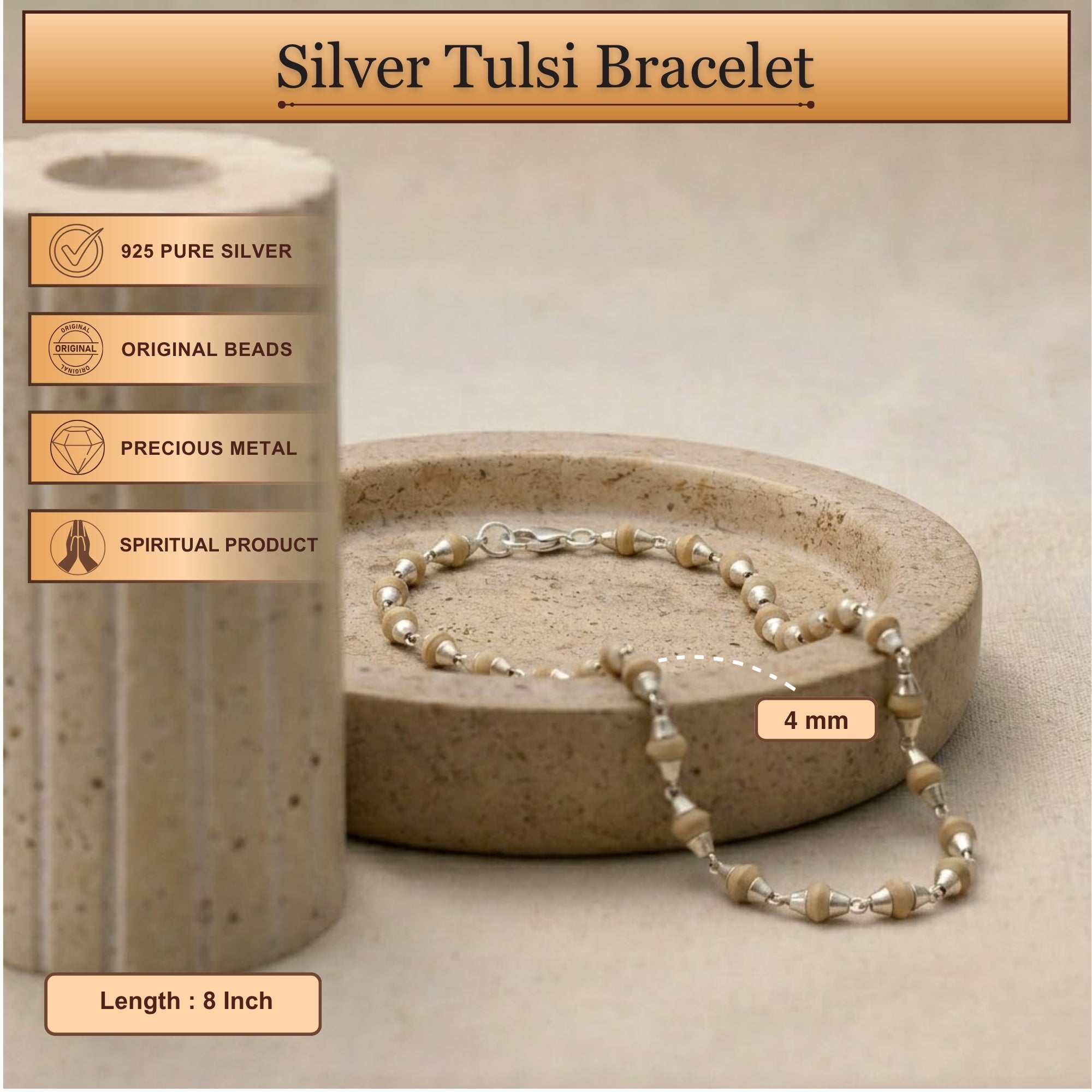 Silver Tulsi Bracelet - Small Tulsi Beads with 925 Pure Silver Capping