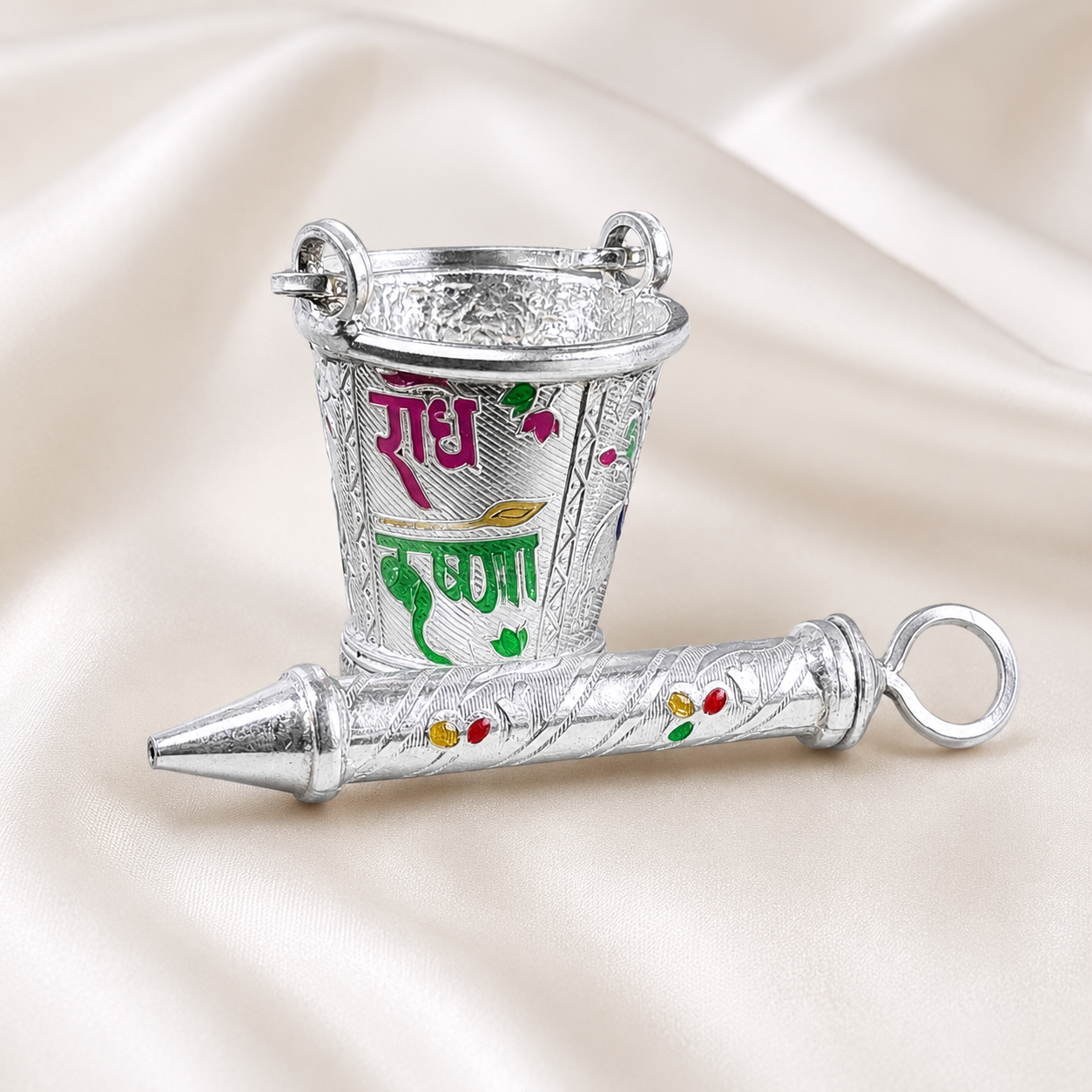 Close-up of Pure Silver Balti & Pichkari for Kanha Ji showing product details