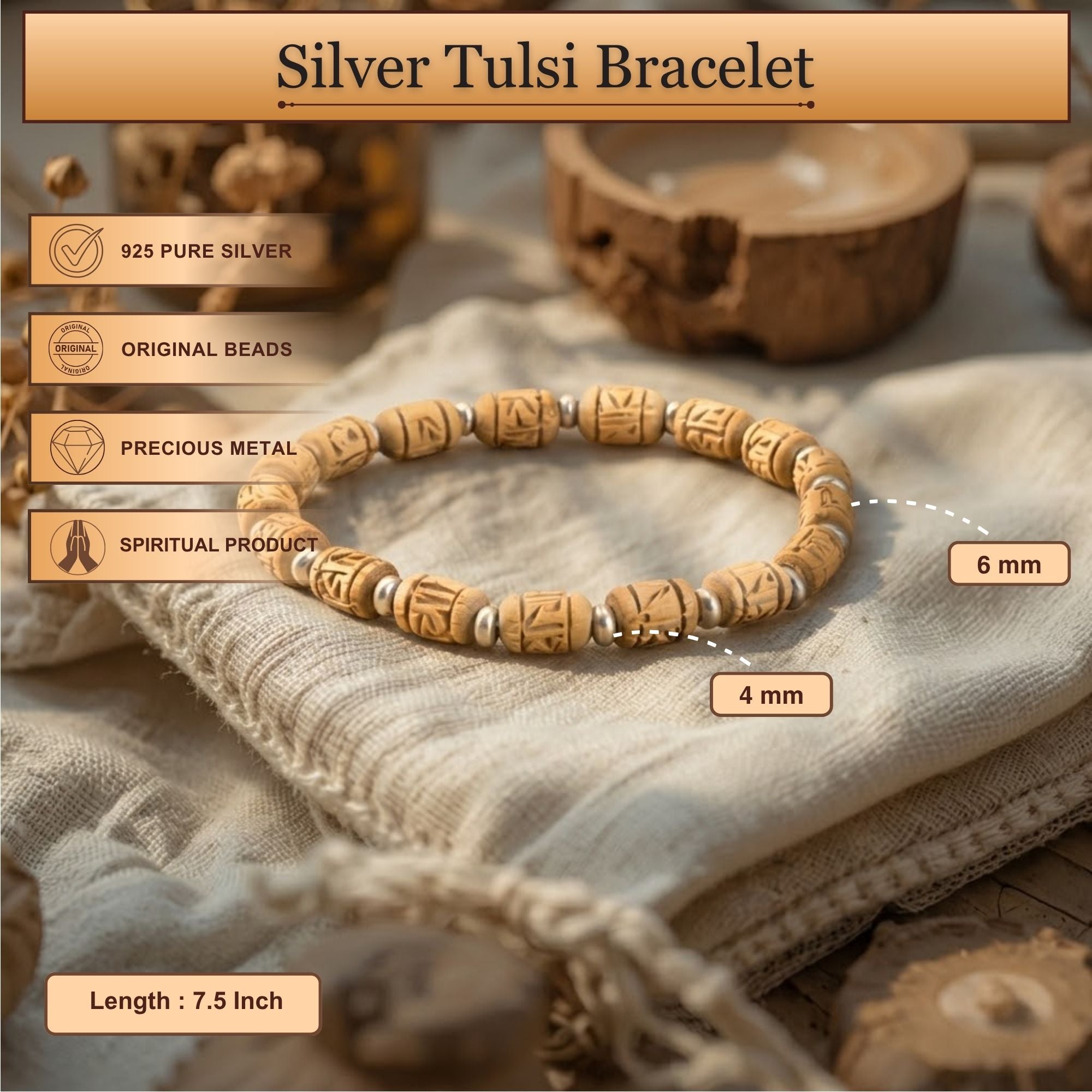 Handcrafted Silver Tulsi Bracelet – Cylindrical Tulsi Beads & 925 Sterling Silver Pearls