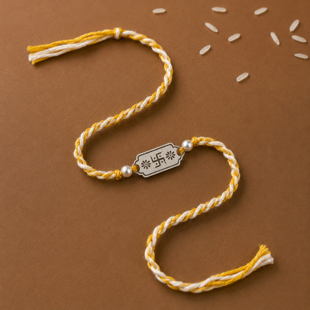 Full 925 silver Swastik Rakhi with rectangular charm and yellow-white braided thread