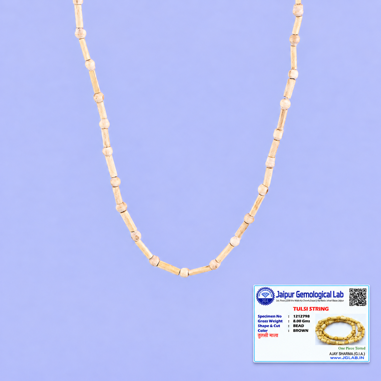 Handcrafted Tulsi bead necklace with natural cream wooden beads
