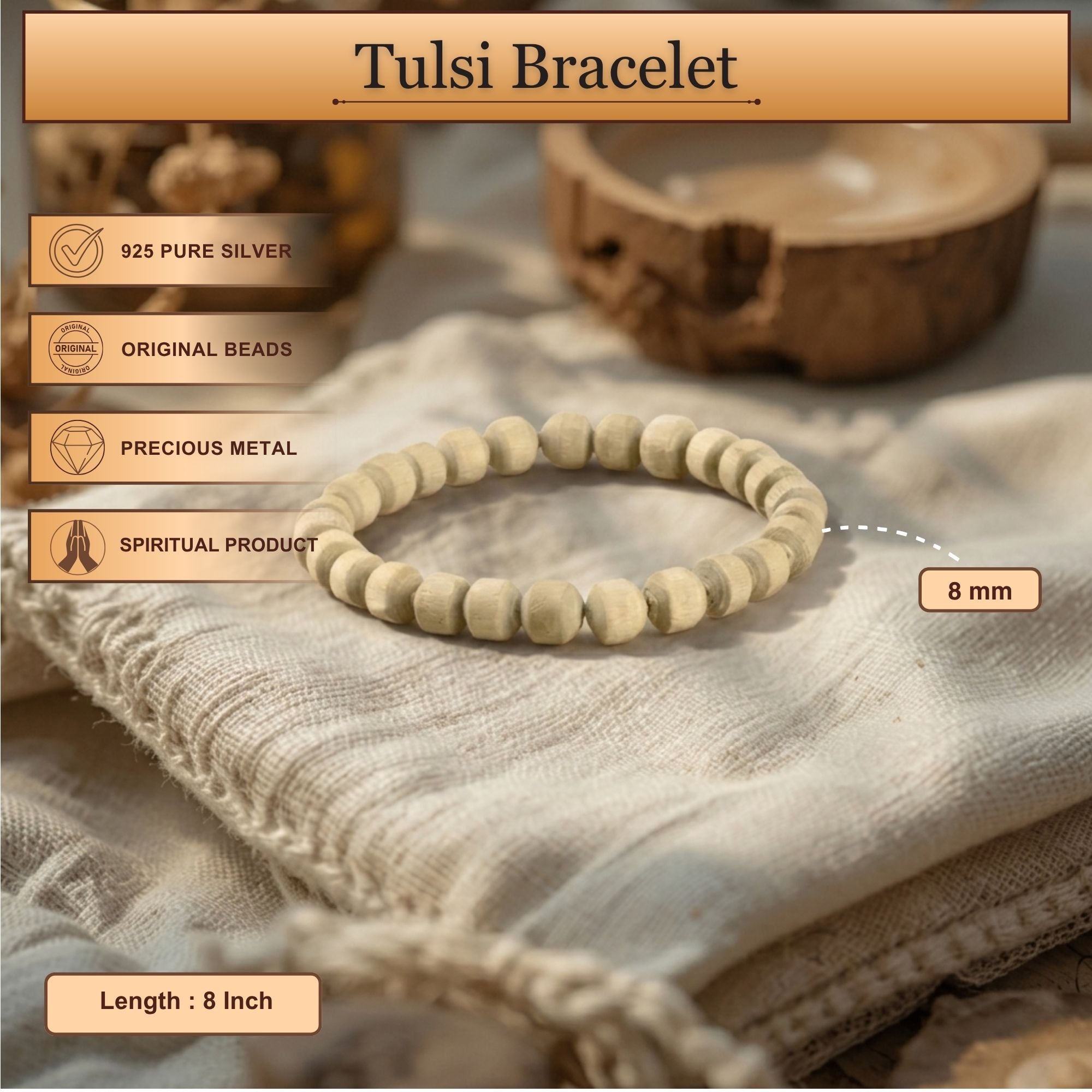 Handcrafted Tulsi Bracelet – Round Plain Beads, Vrindavan