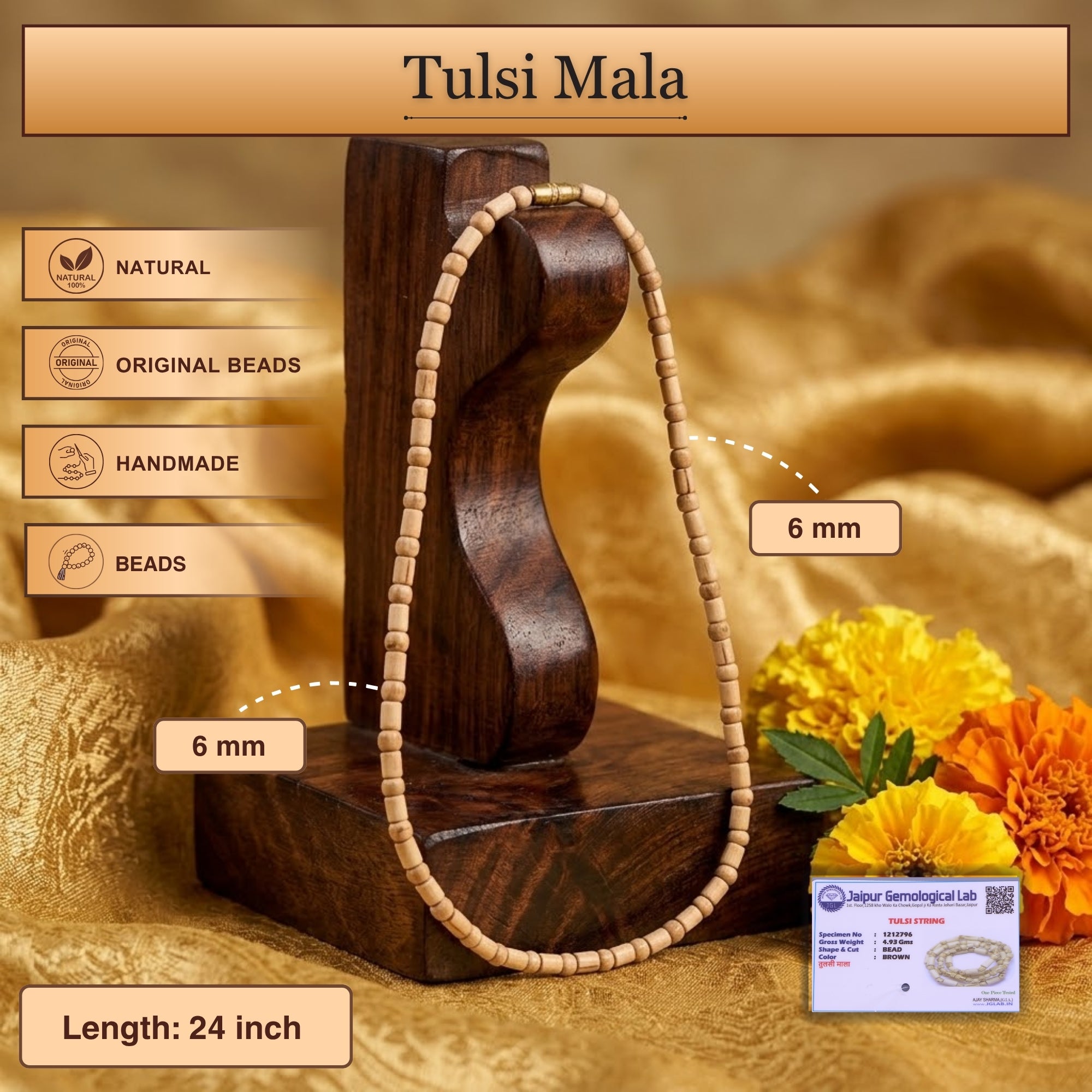 Handmade Tulsi Kanthi Mala - Cylindrical Shaped Beads