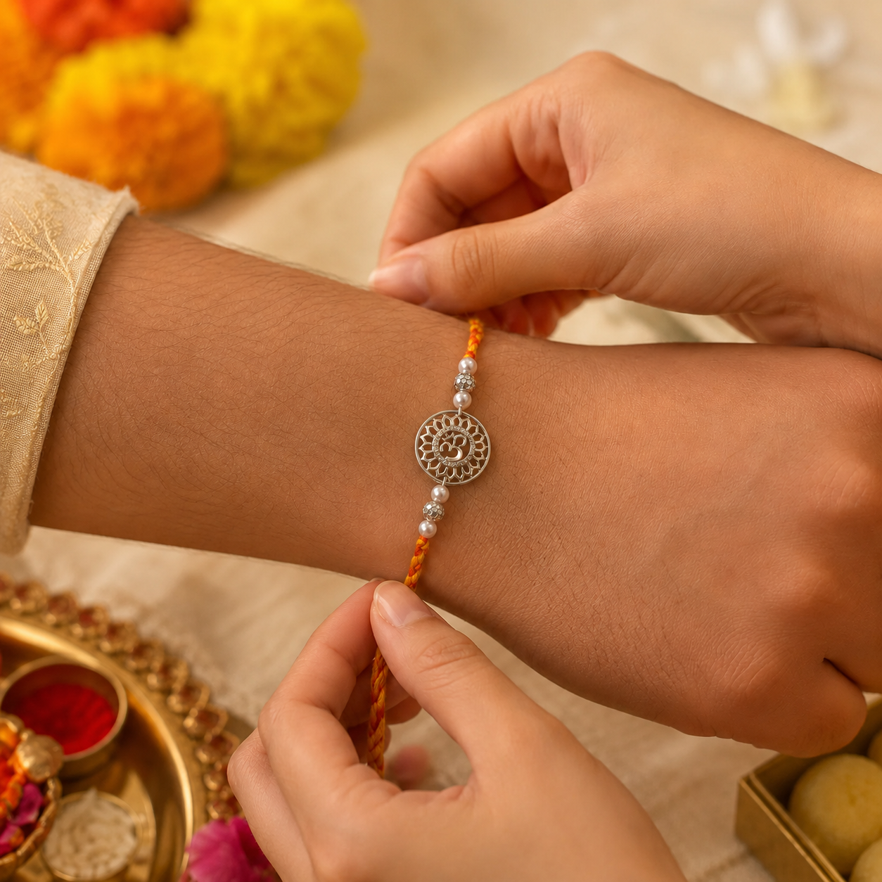 Sister tying 925 Sterling Silver Om Rakhi on brother wrist during Raksha Bandhan ceremony