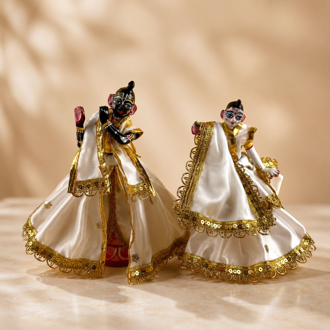 Designer Radha Krishna Poshak – Elegant White & Gold Dress