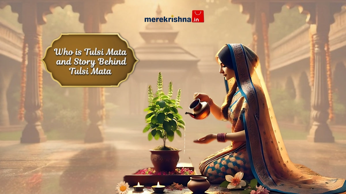 Tulsi Mata worship with a woman offering water to a Tulsi plant