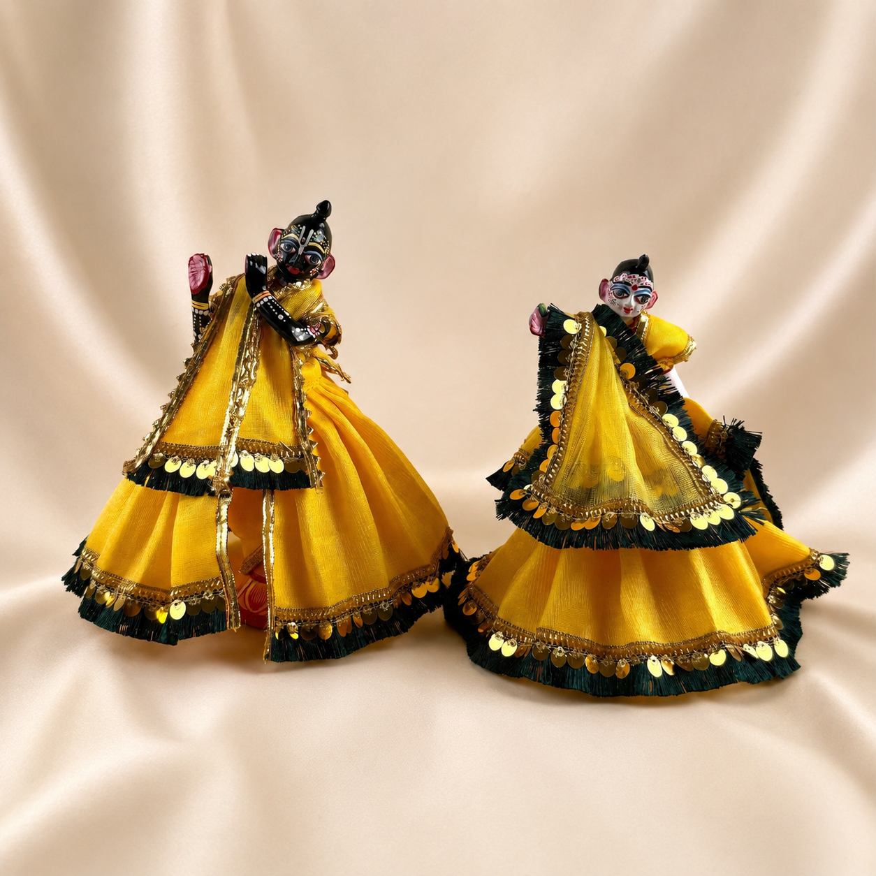 Designer Radha Krishna Poshak in yellow and gold dress front product view