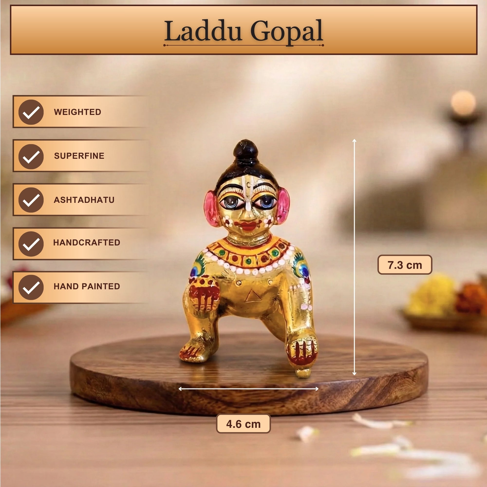 Front angle view of handcrafted Ashtadhatu little Laddu Gopal murti with colorful Shringar
