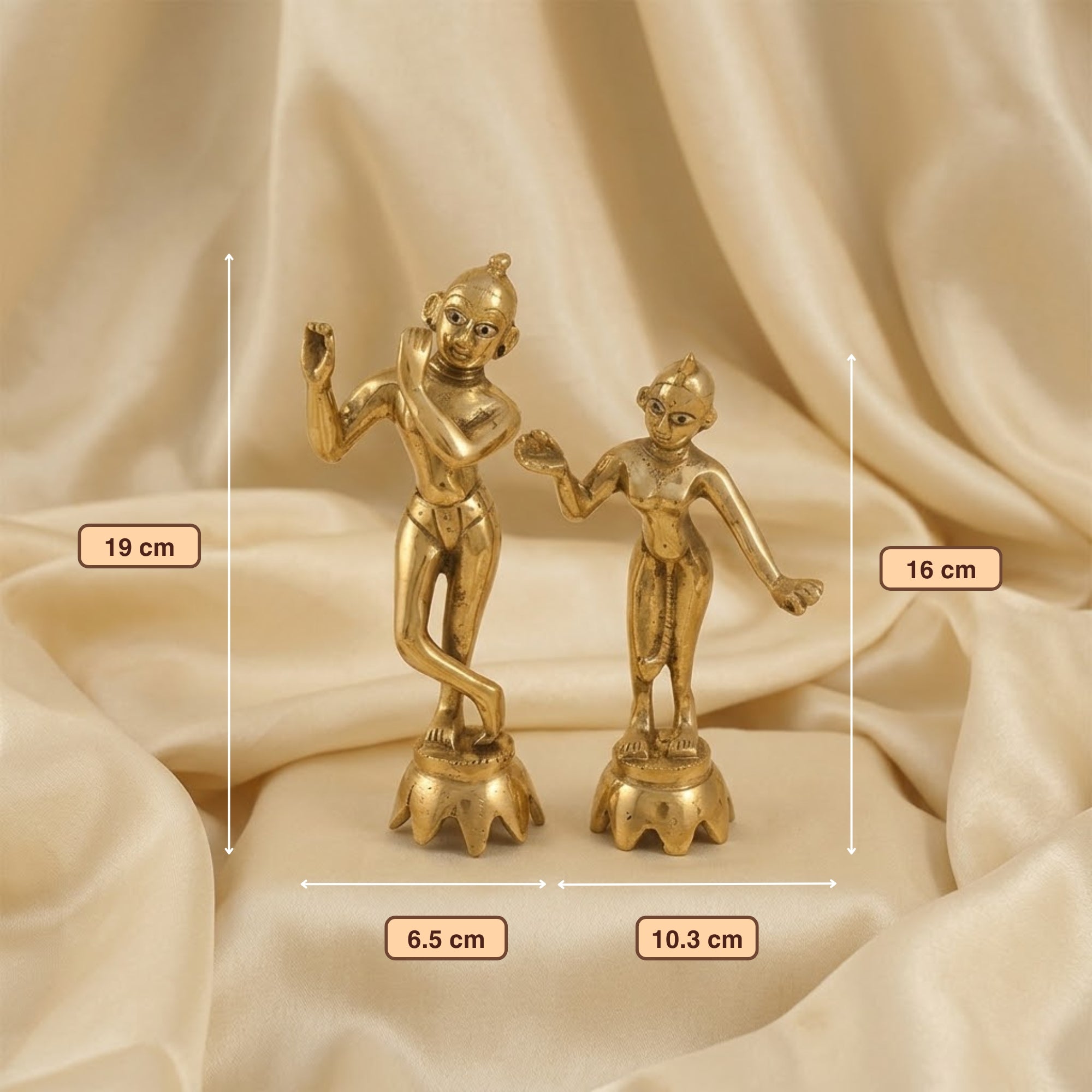 Height and base dimensions of the golden finish Radha Krishna Ashtadhatu idols