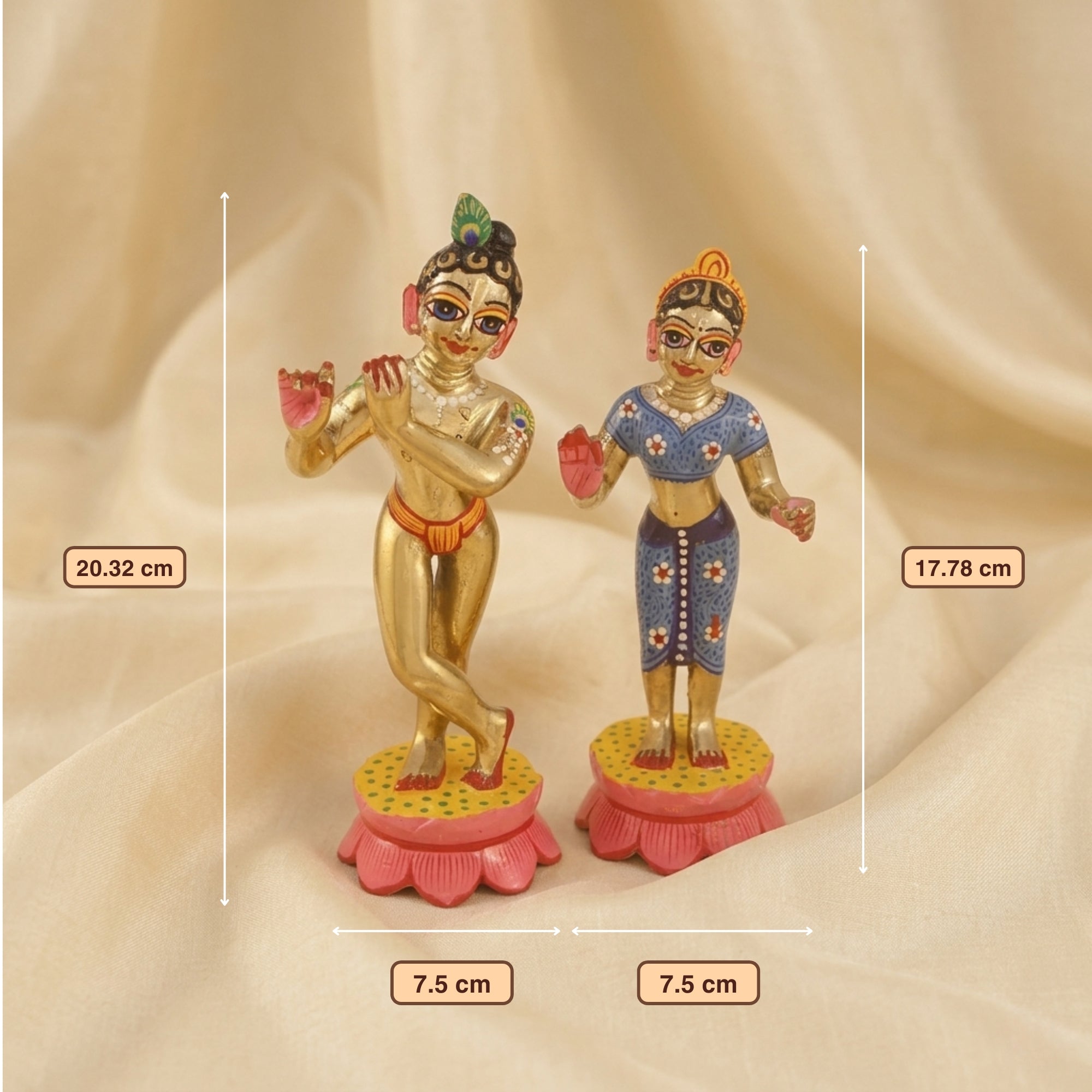 Height and base dimensions of the heavy weight Radha Krishna Ashtadhatu idol