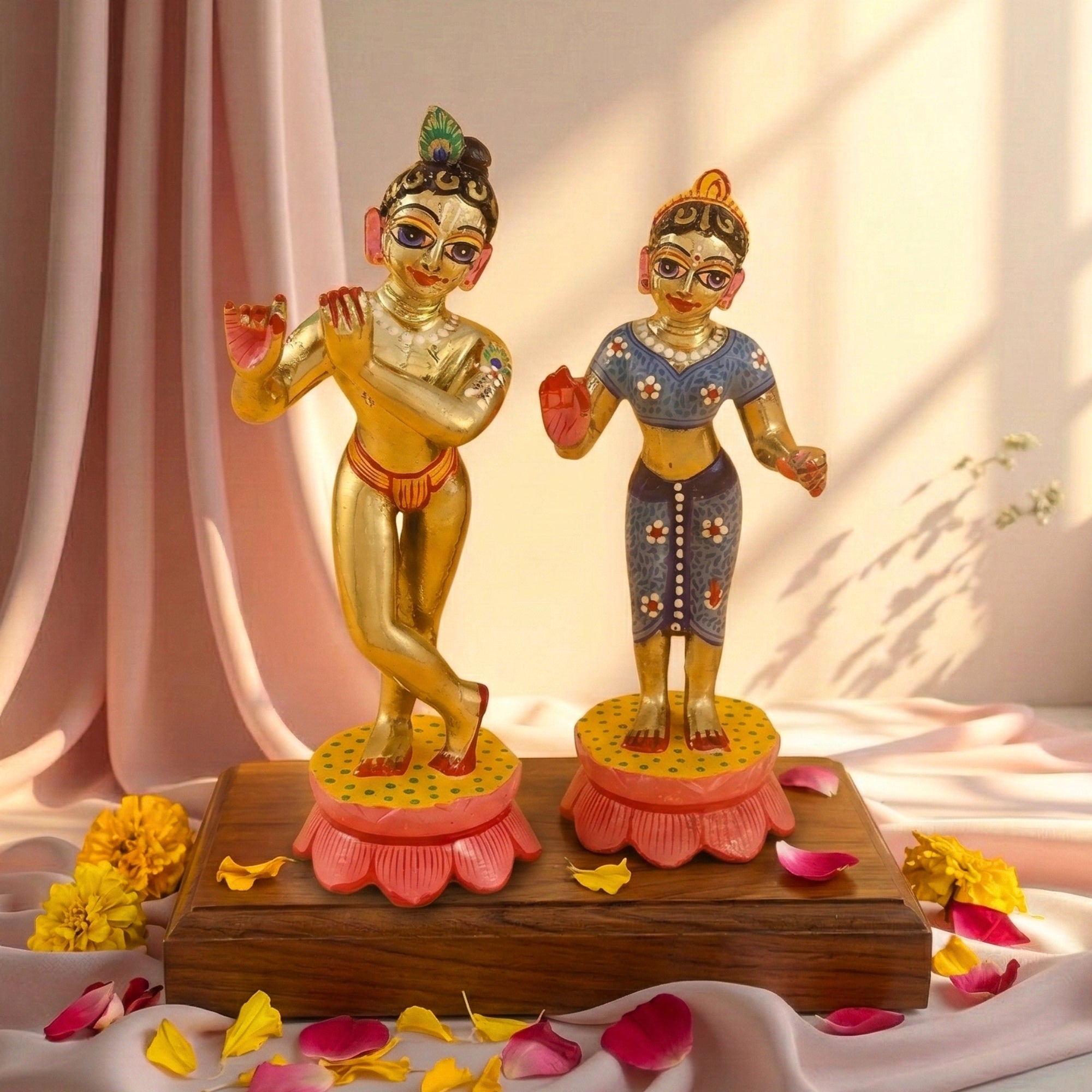 Heavy weight Ashtadhatu Radha Krishna Yugal Jodi idol displayed on a wooden temple base with flowers