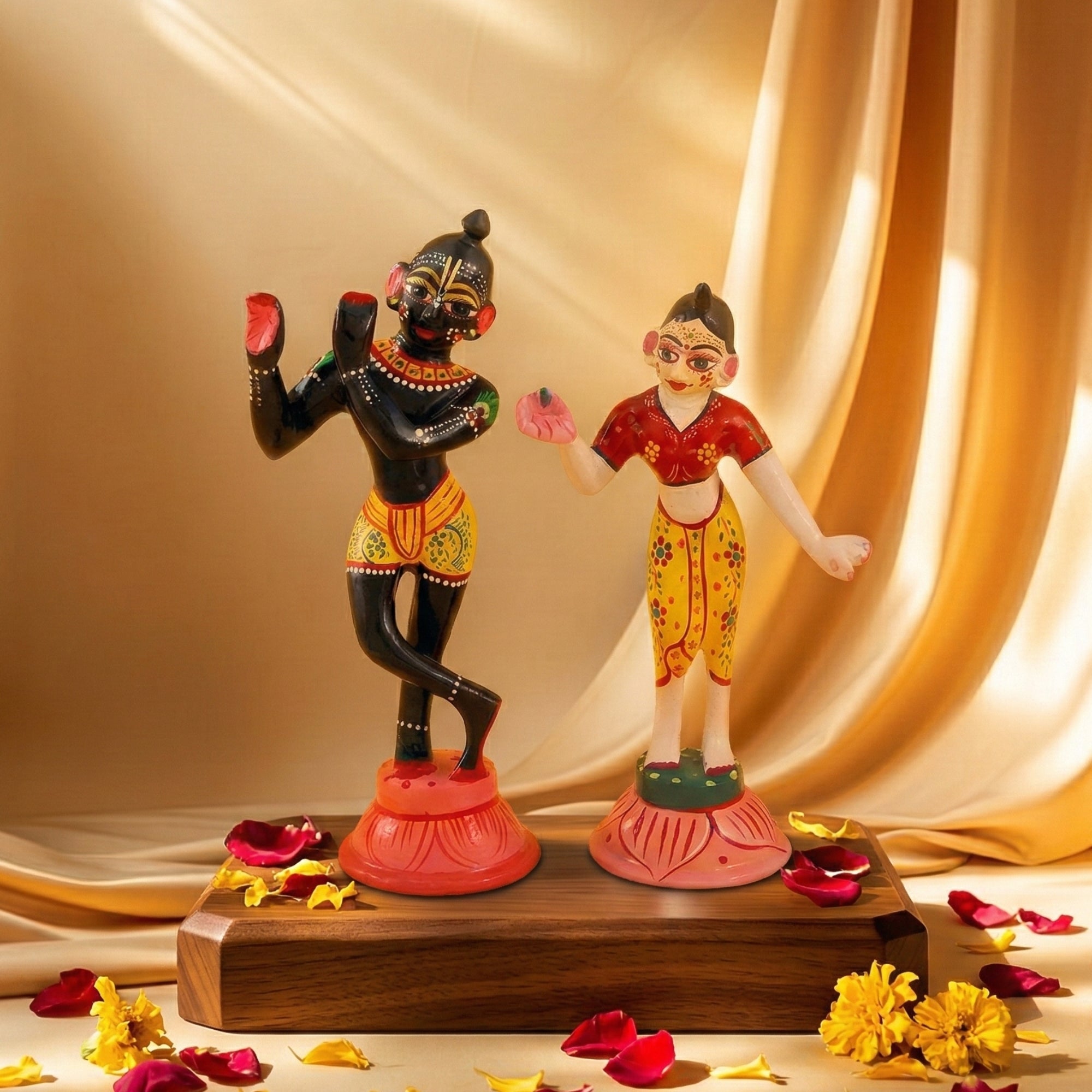 Hand-painted Ashtadhatu Radha Krishna Yugal Jodi idol of Kanha Ji and Kishori Ji displayed on a wooden temple altar
