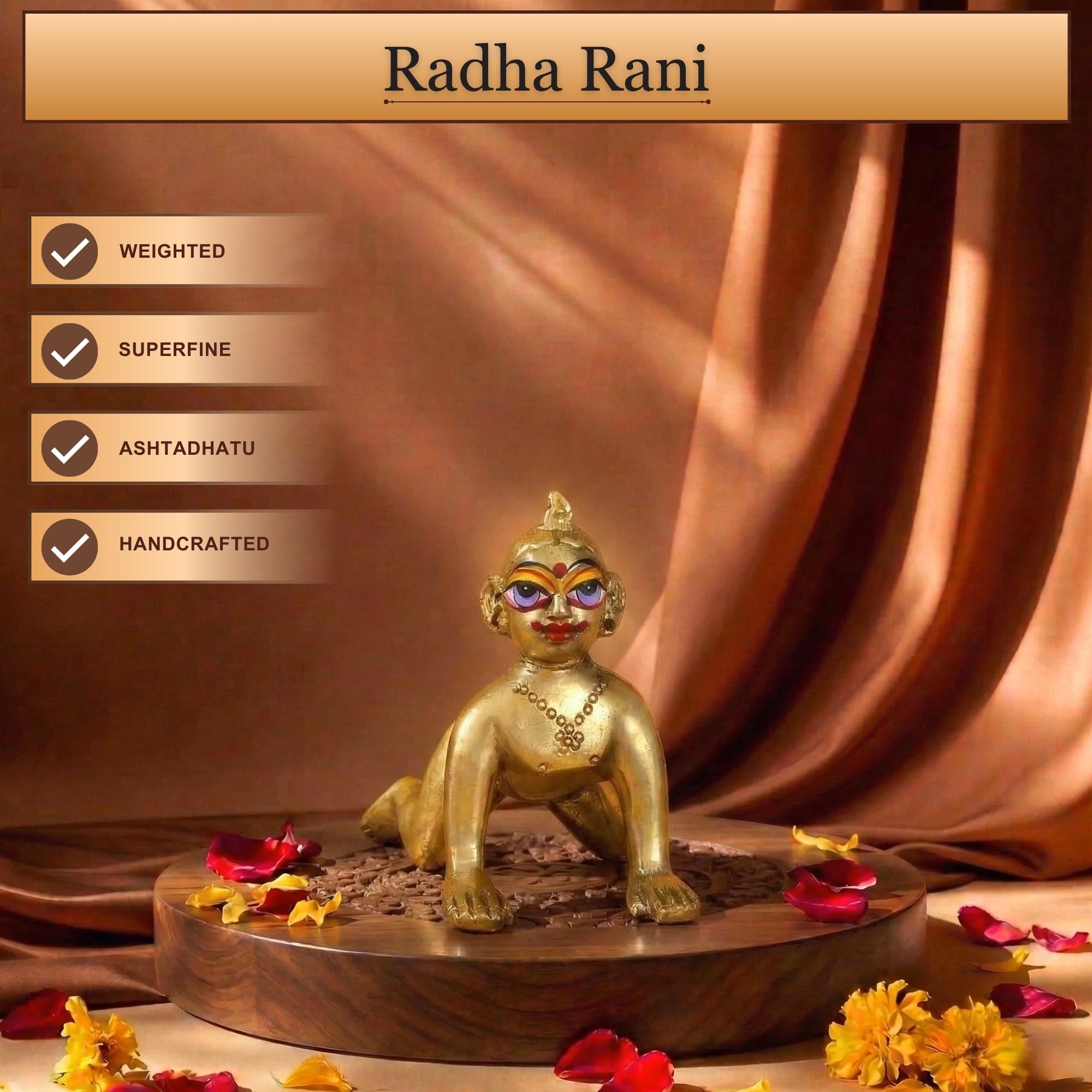 Front angle view of golden finish plain Ashtadhatu Ladli Ji murti