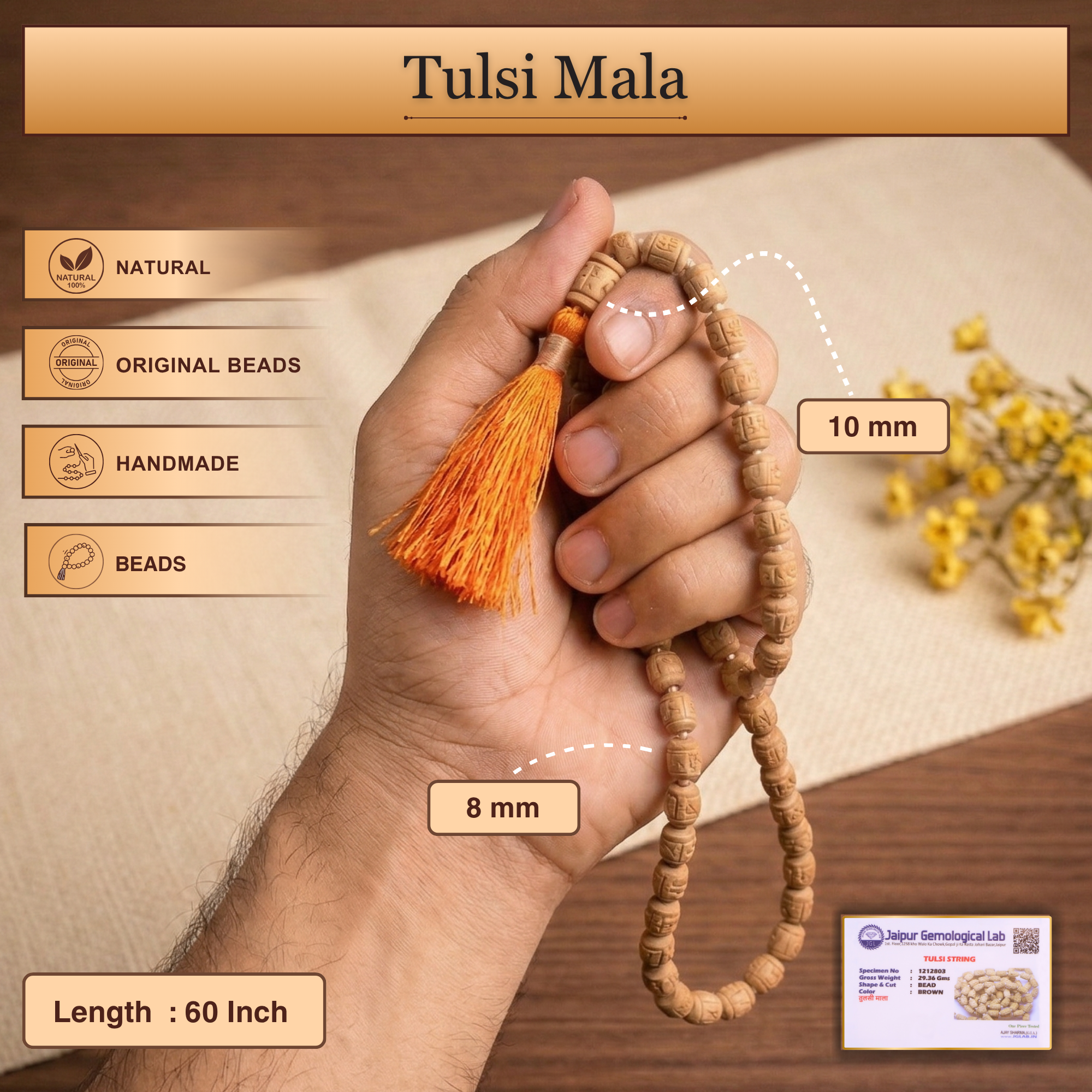 Size and material details of the authentic hand carved 108 bead Tulsi japa mala