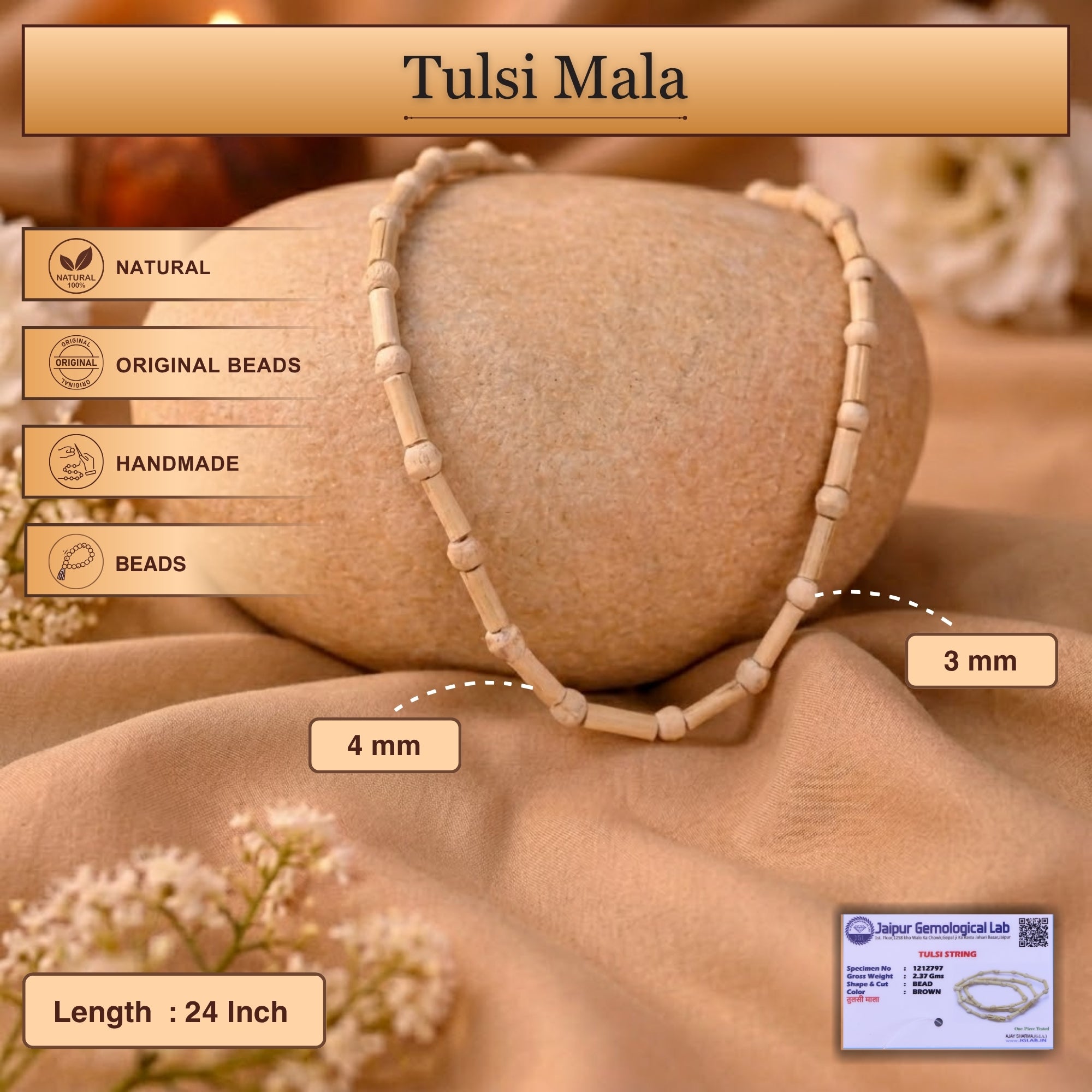 Size and material details of the traditional cylindrical bead Tulsi kanthi mala