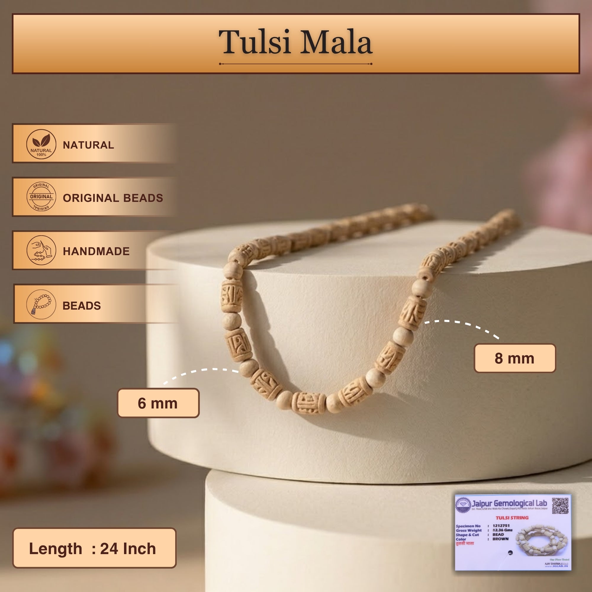 Size and material details of the authentic natural finish Radha carved Tulsi kanthi mala