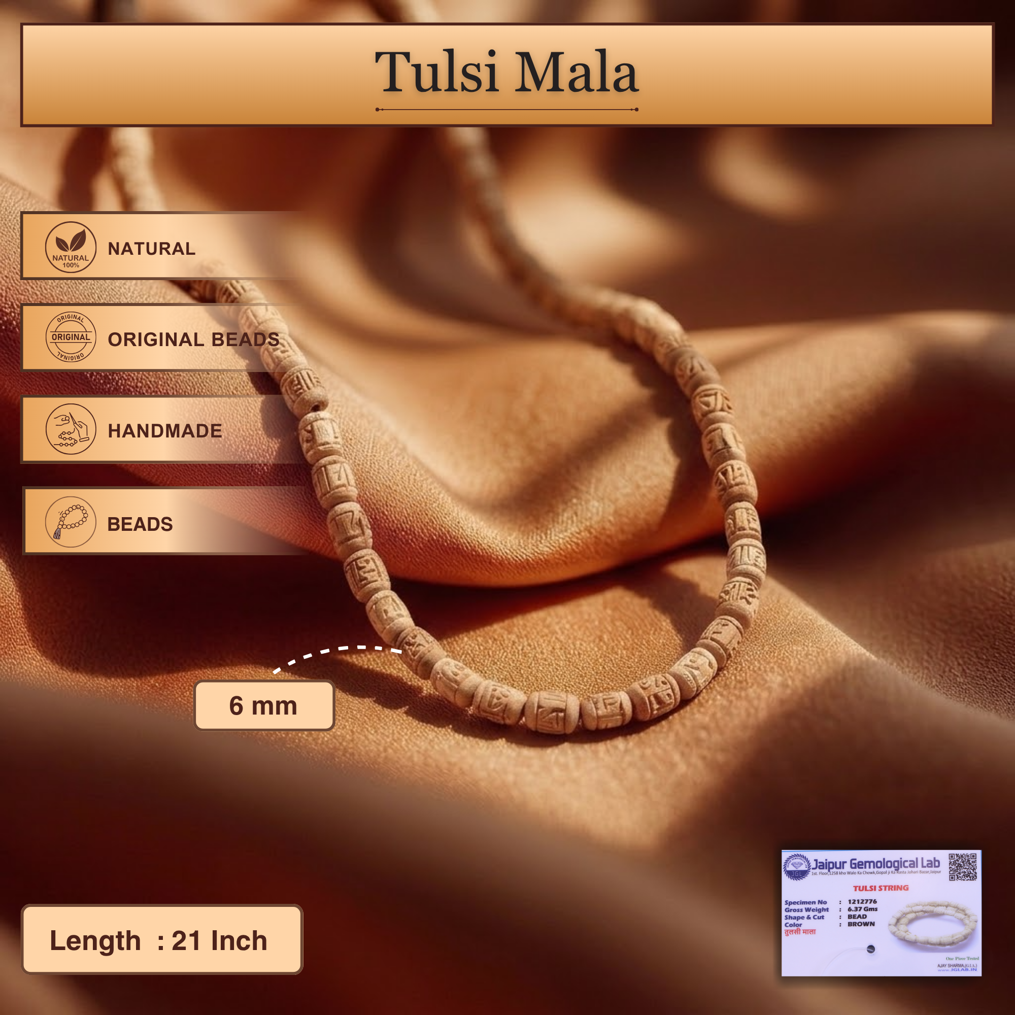 Size and material details of the authentic Radha carved cylindrical Tulsi kanthi mala
