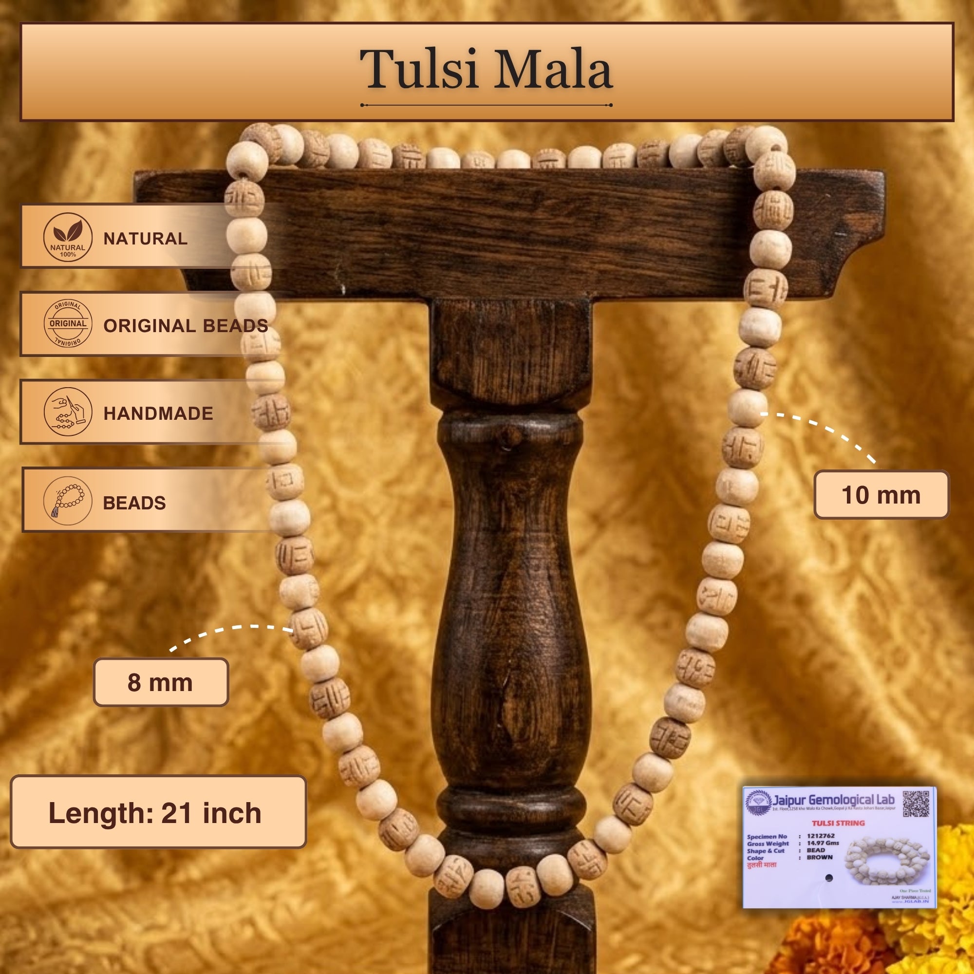 Size and material details of the uniquely designed carved Tulsi kanthi mala