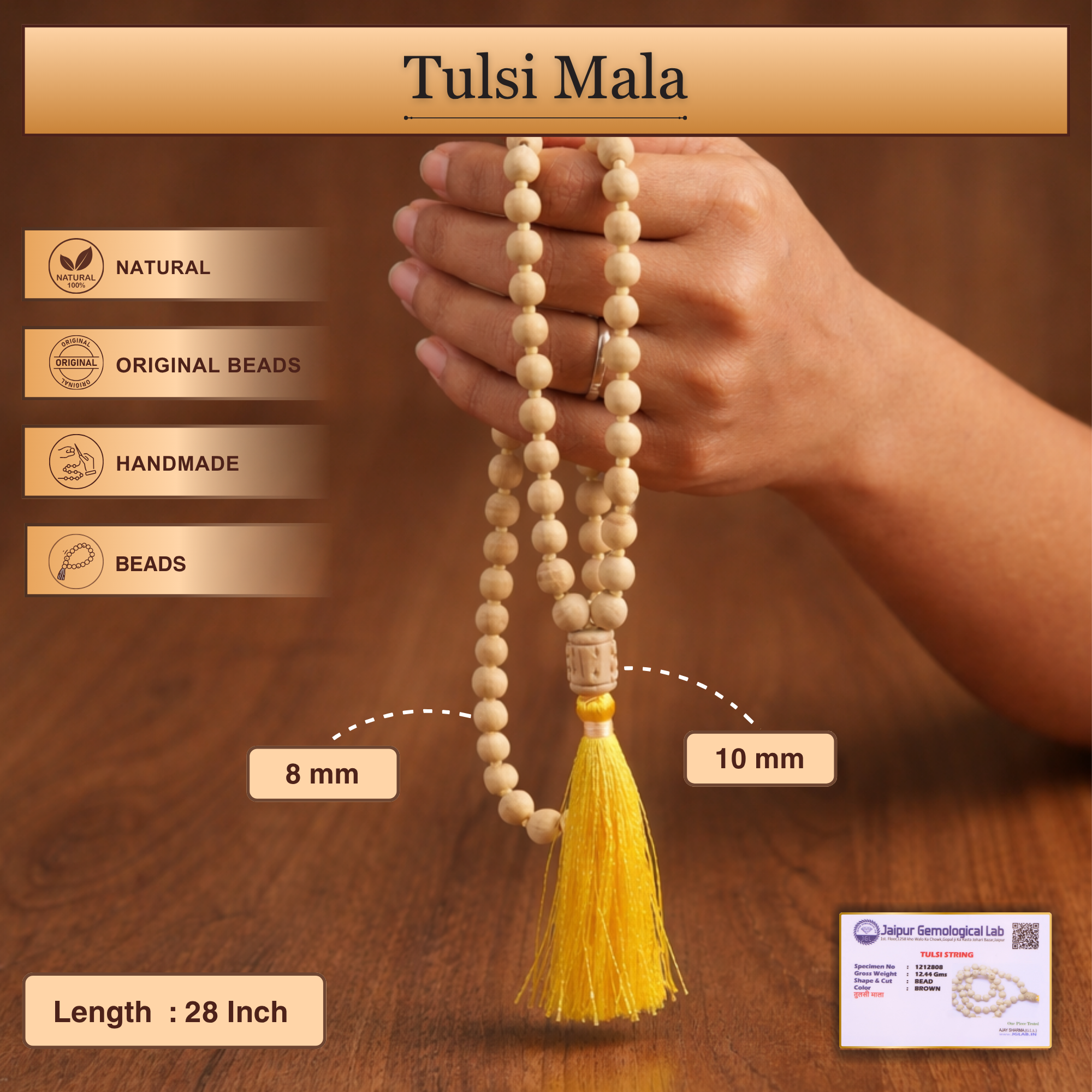 Size and length details of the authentic 54 bead Tulsi chanting mala