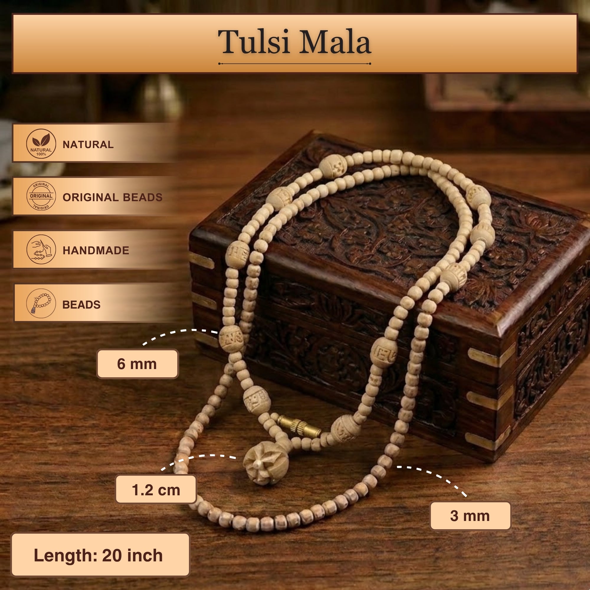 Size dimensions and authentic material details of the Tulsi mala with lotus locket