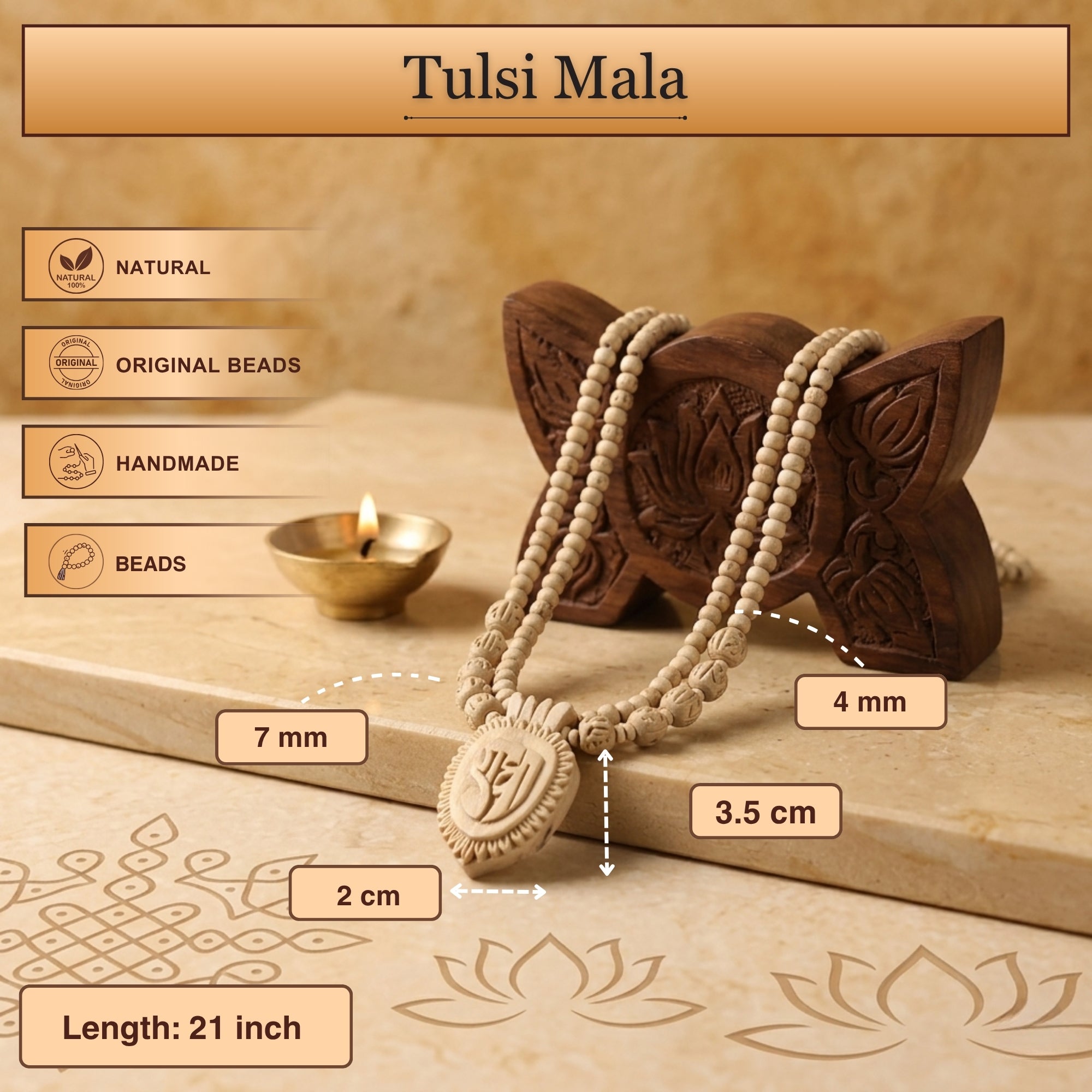 Size and material details of the certified Tulsi mala and Radha locket