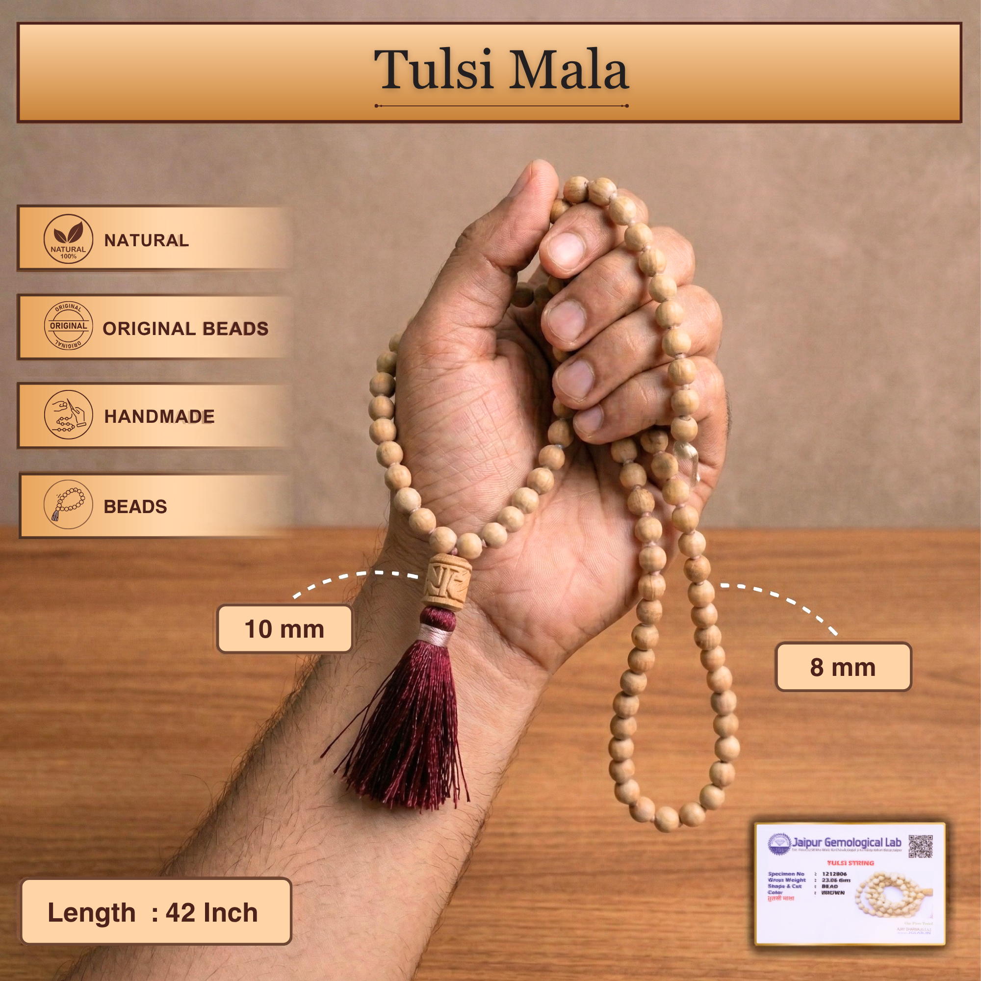 Size, length, and material details of the premium certified 108 bead Tulsi prayer mala
