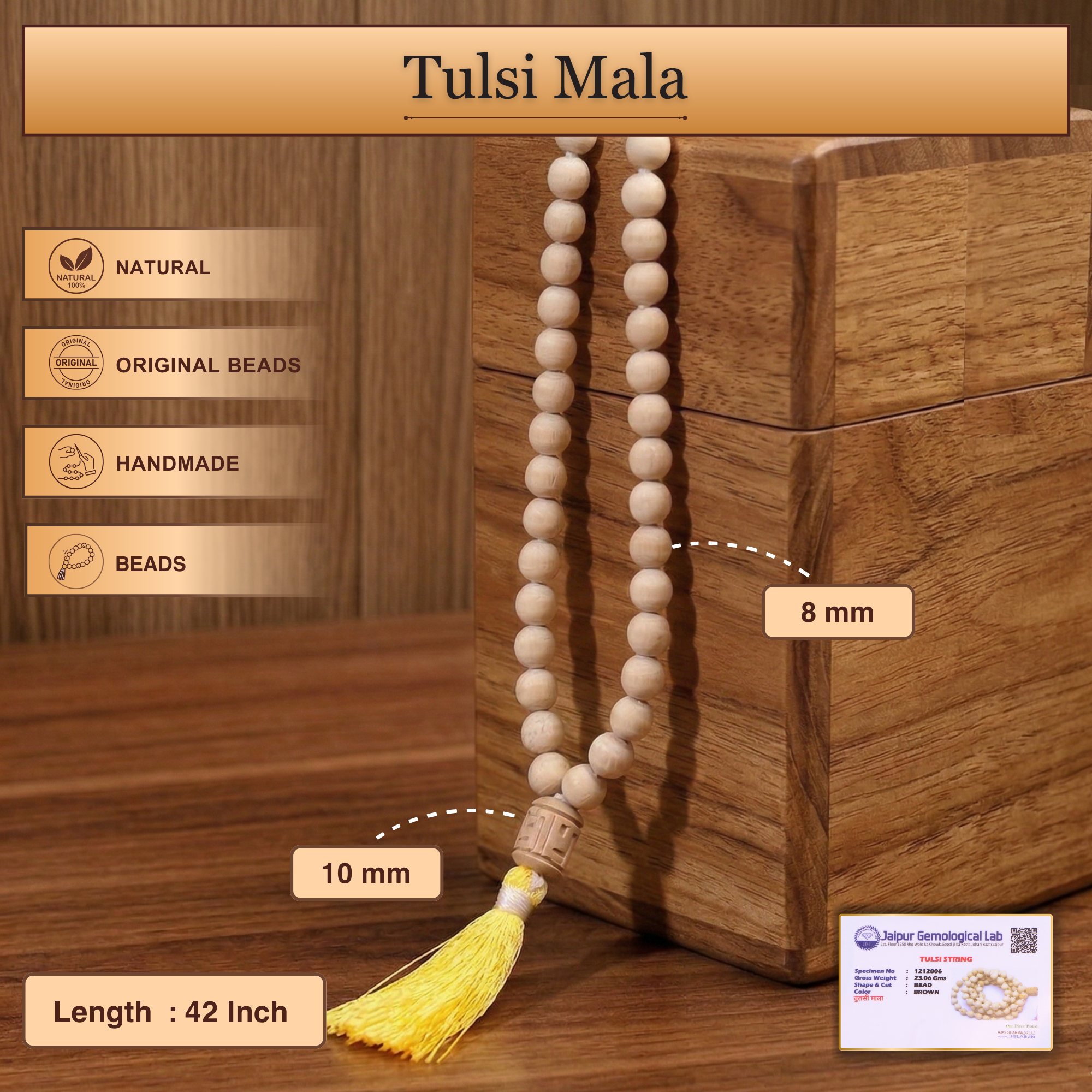 Size, length, and material details of the authentic 108 bead Tulsi prayer mala