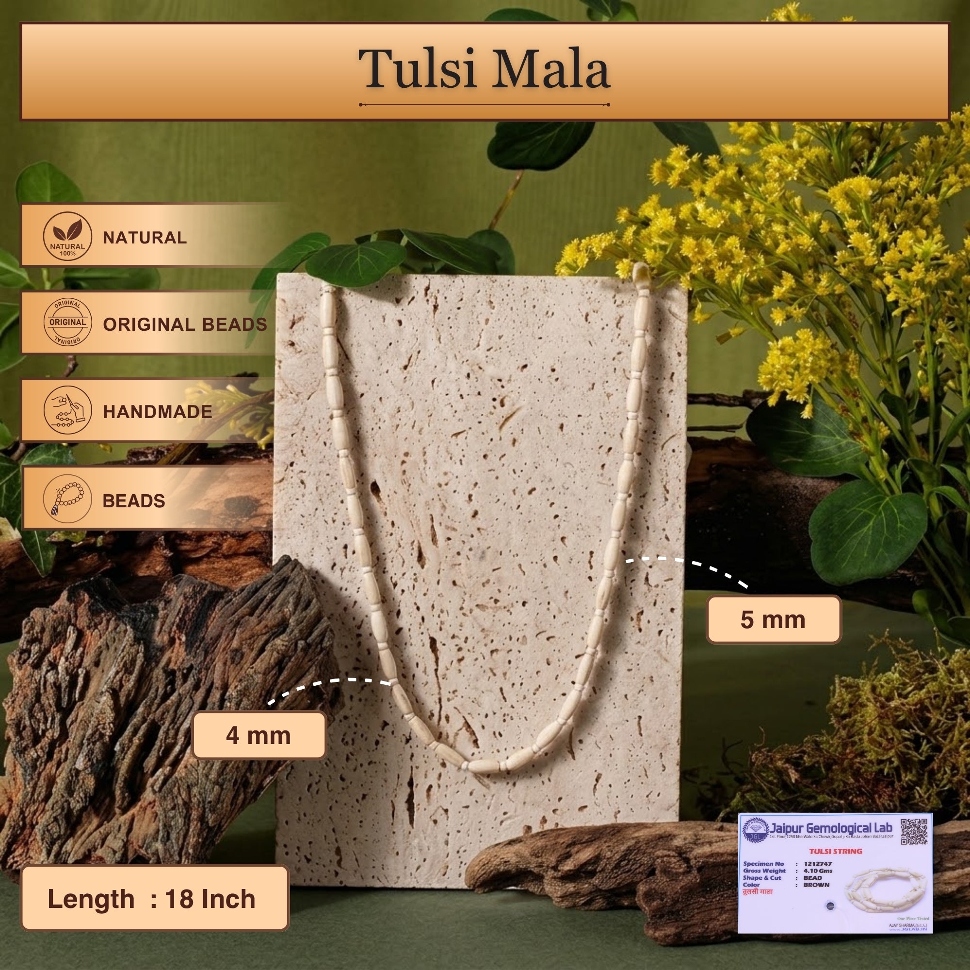Size and material details of the handcrafted oval bead Vrindavan Tulsi kanthi mala
