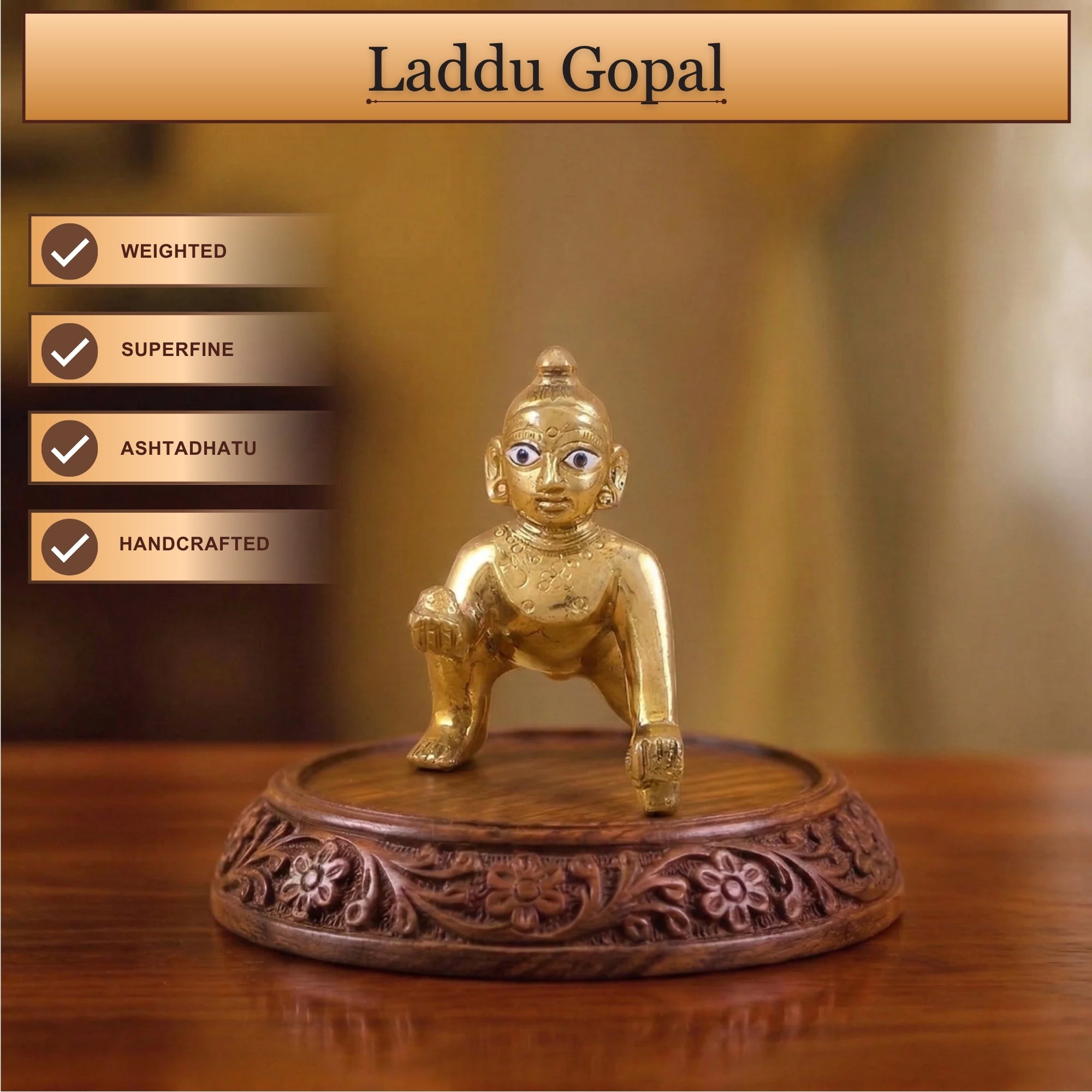 Front angle view of golden finish Ashtadhatu Laddu Gopal murti with big eyes